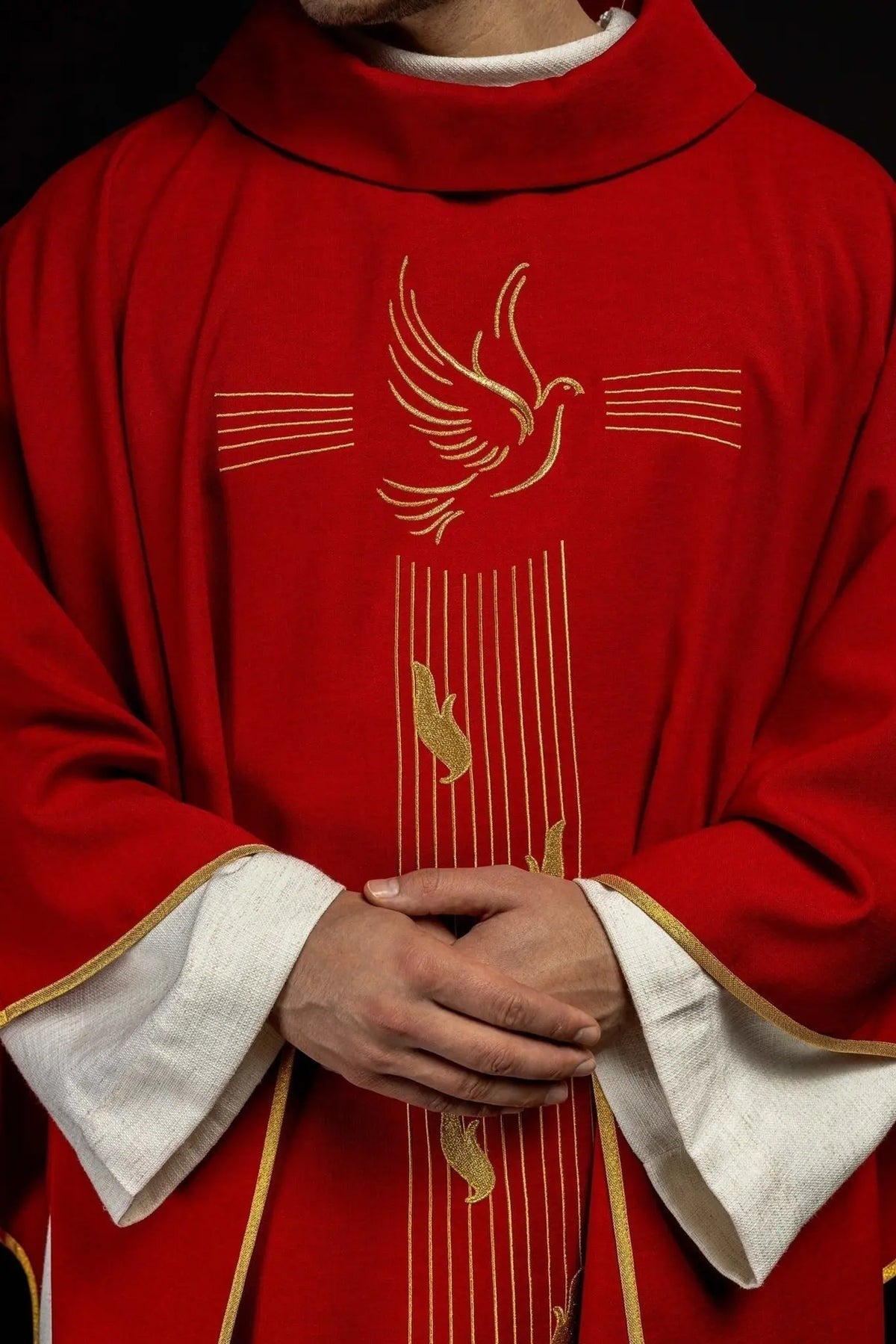 Red Chasuble with Gold-Colored Trim and Holy Spirit Embroidery — embroidery close-up