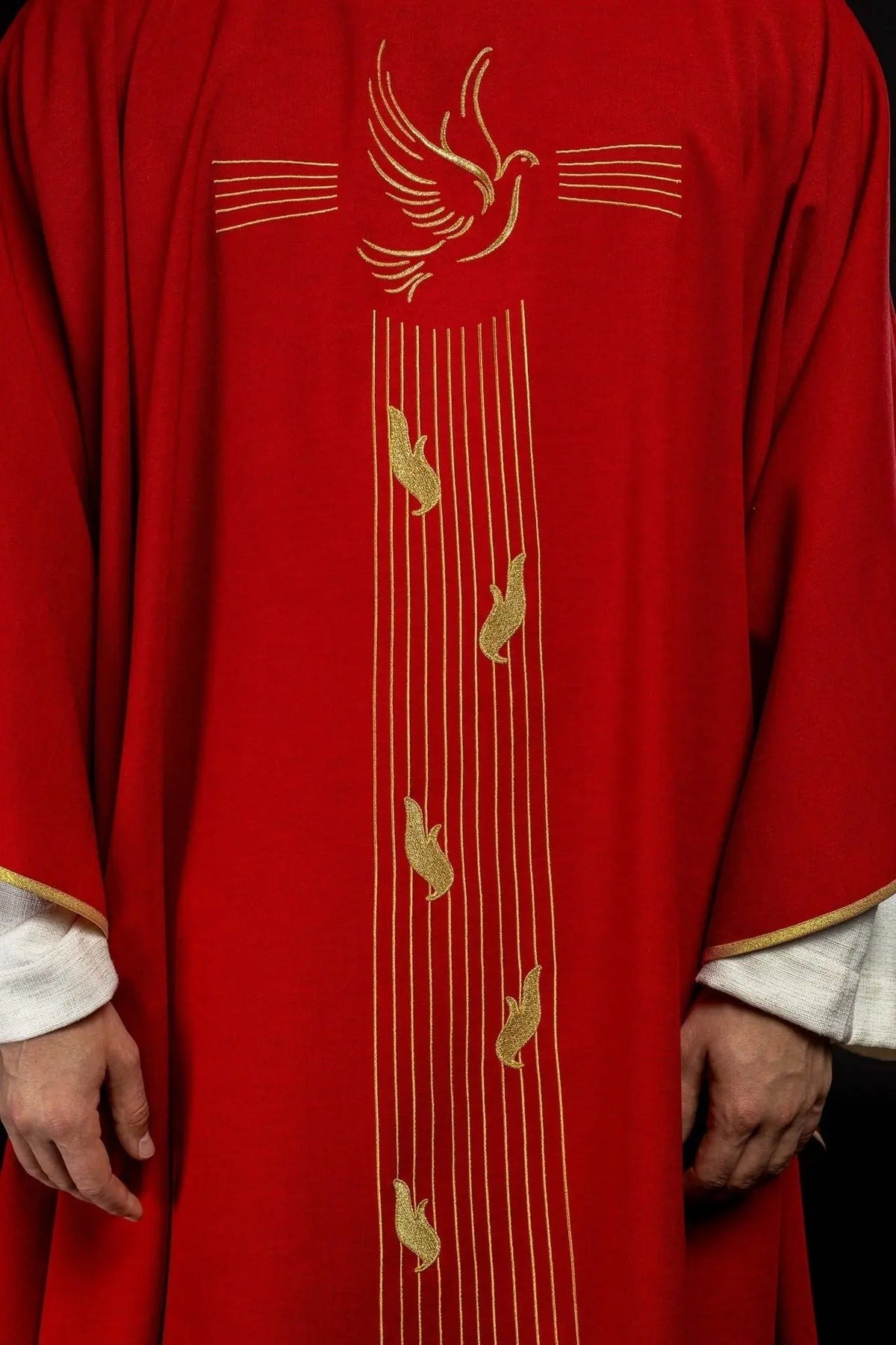 Red Chasuble with Gold-Colored Trim and Holy Spirit Embroidery — symbol detail