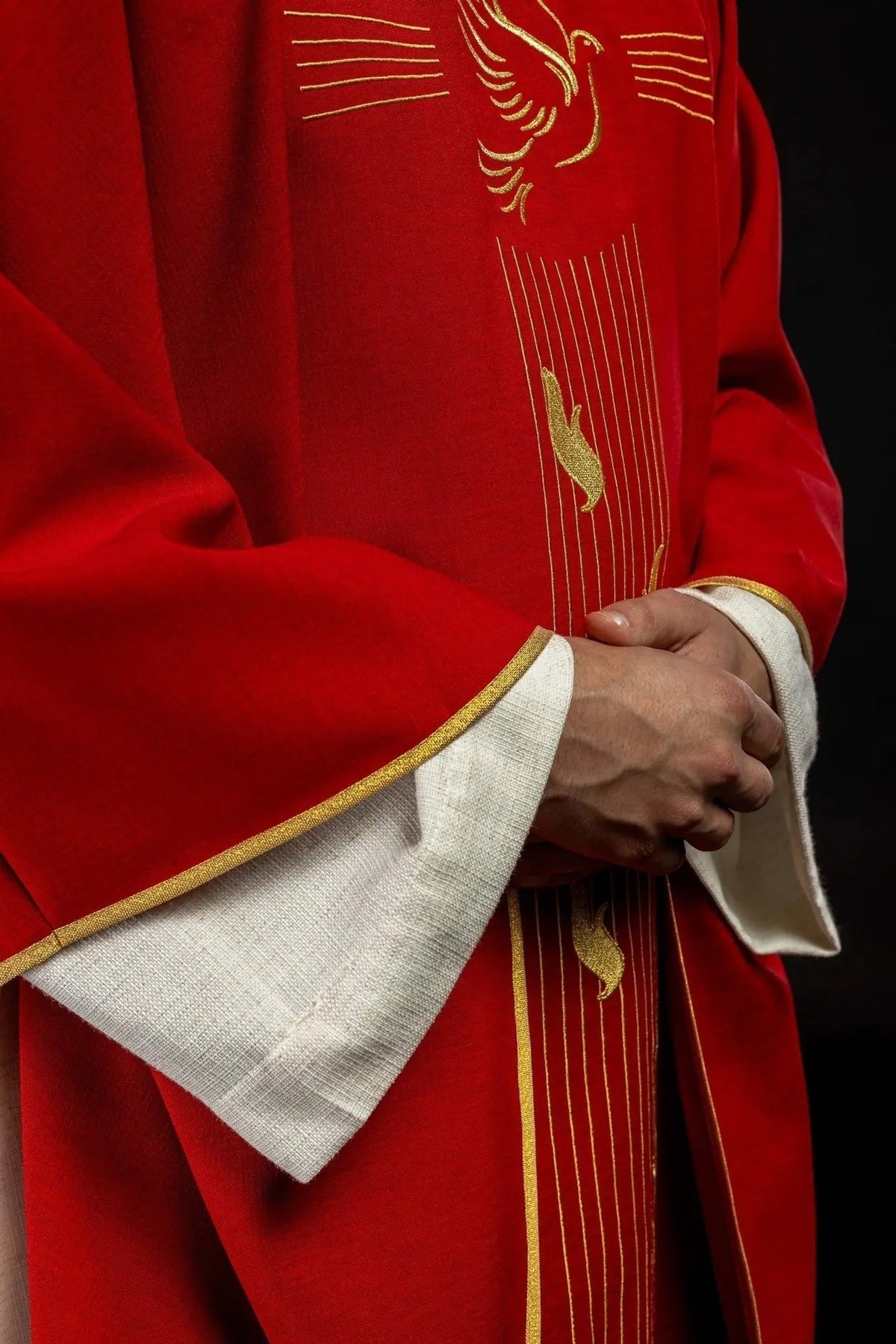 Red Chasuble with Gold-Colored Trim and Holy Spirit Embroidery — collar finish