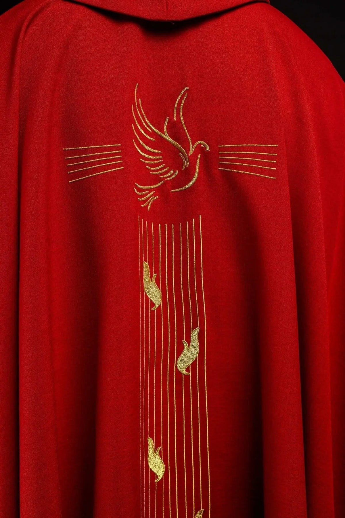 Red Chasuble with Gold-Colored Trim and Holy Spirit Embroidery — front view