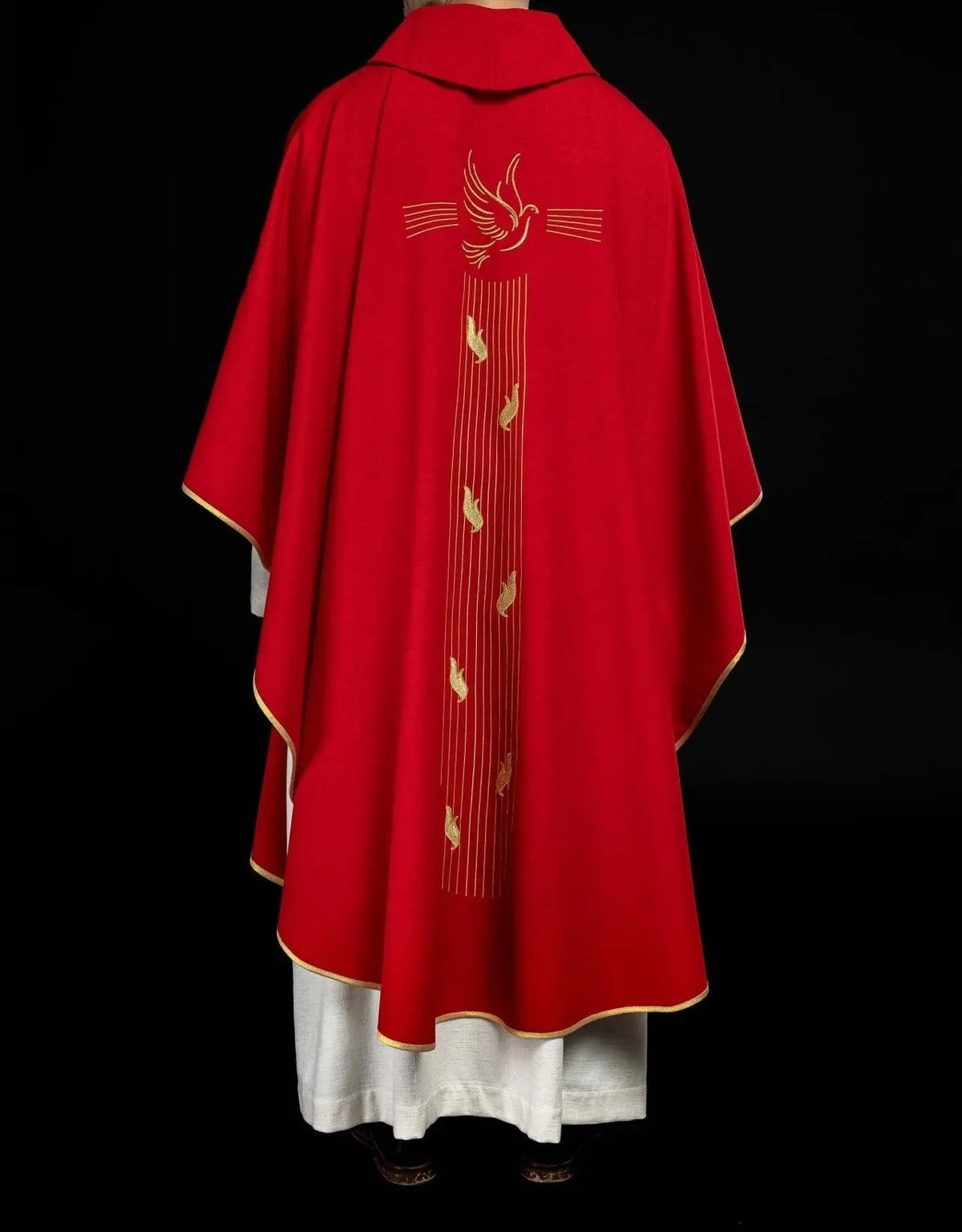 Red Chasuble with Gold-Colored Trim and Holy Spirit Embroidery — back view
