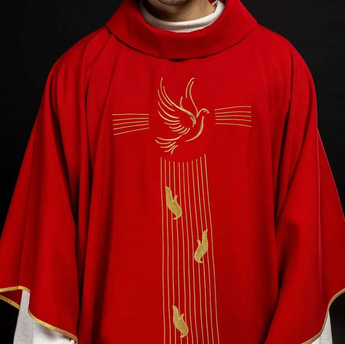 Red Chasuble with Gold-Colored Trim and Holy Spirit Embroidery — fabric detail