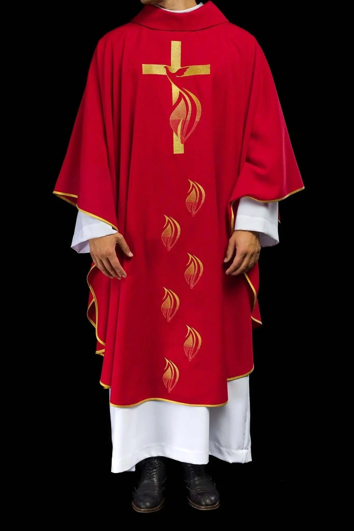 Red Chasuble with Holy Spirit Dove and Gold Cross — Full front view