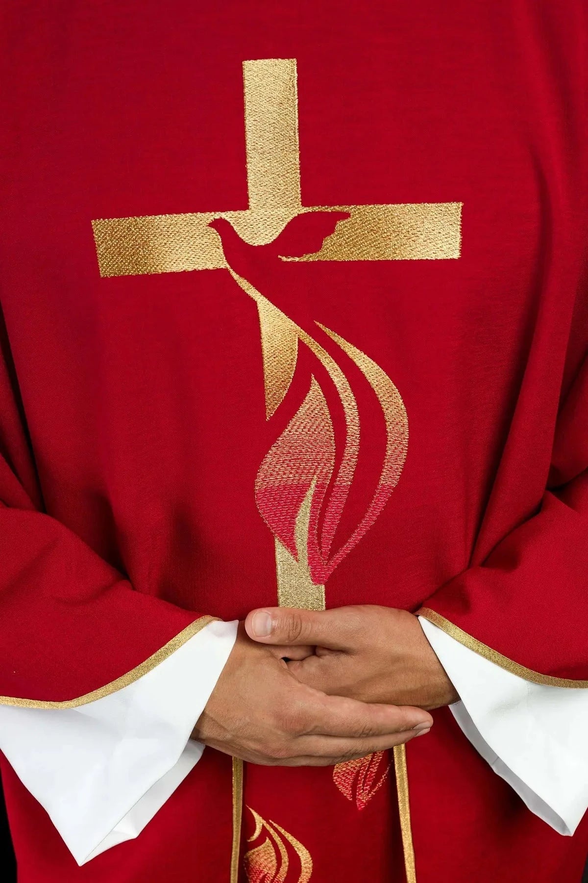 Red Chasuble with Holy Spirit Dove and Gold Cross — Embroidery detail