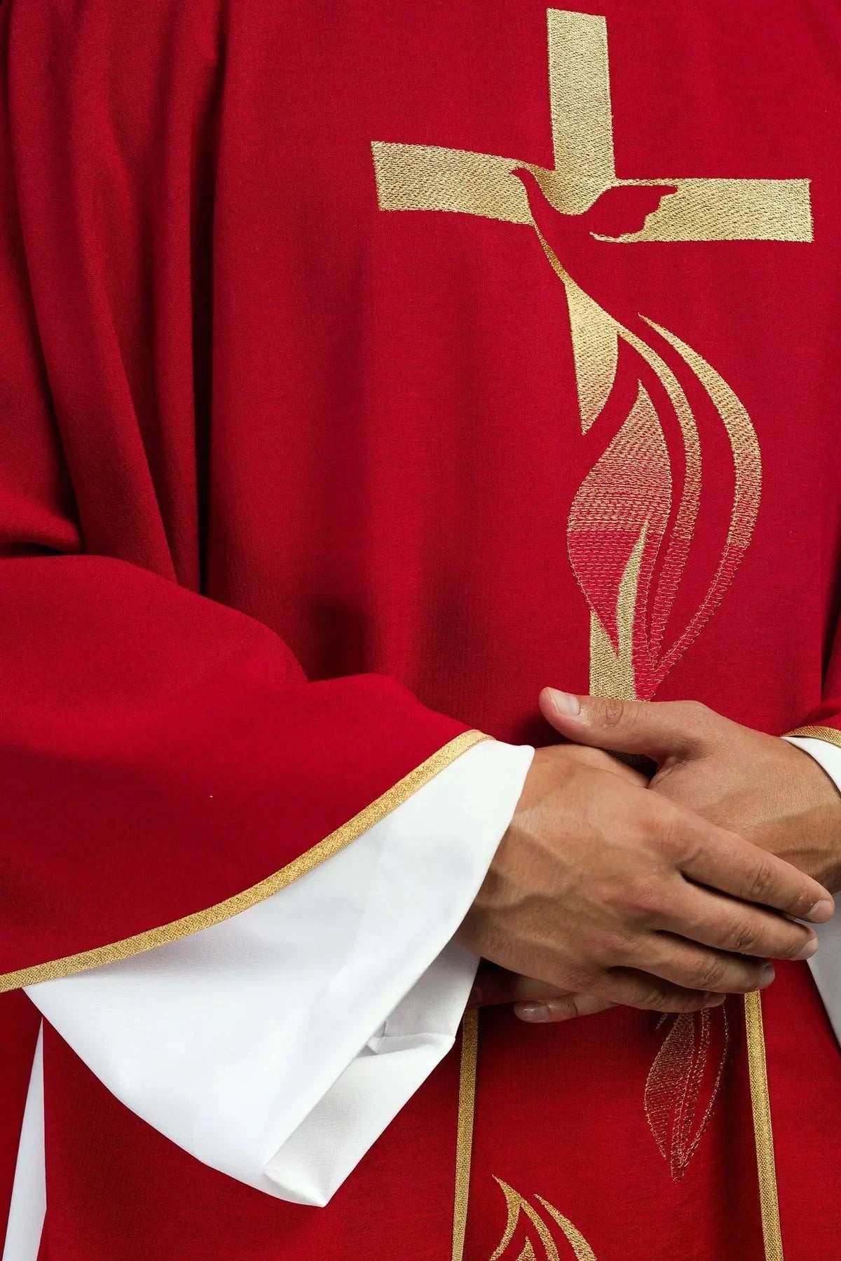 Red Chasuble with Holy Spirit Dove and Gold Cross — Fabric and edging