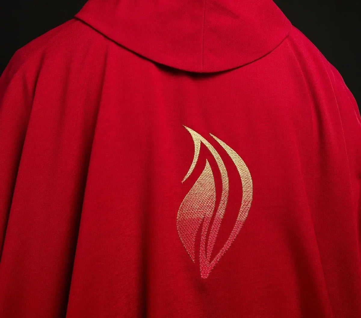 Red Chasuble with Holy Spirit Dove and Gold Cross — Back collar and flames