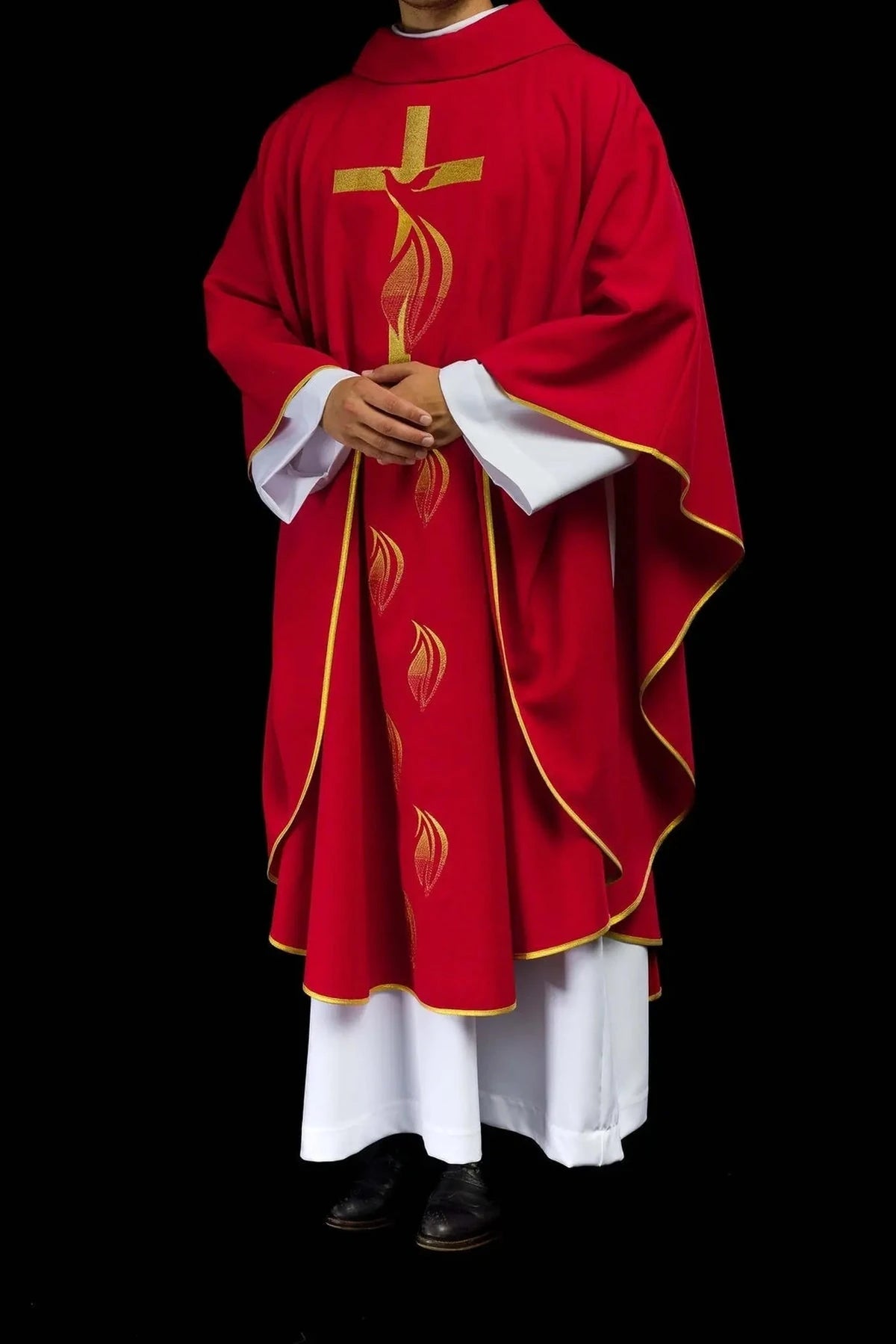 Red Chasuble with Holy Spirit Dove and Gold Cross — Worn view