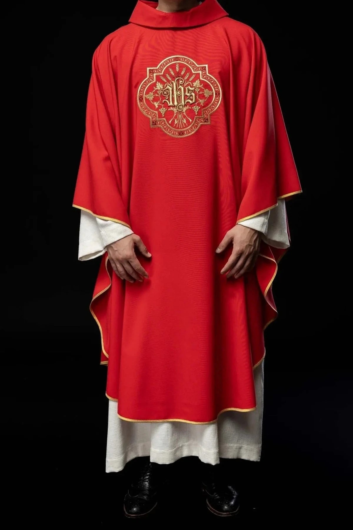 Red Chasuble with IHS and PAX Embroidery — full view