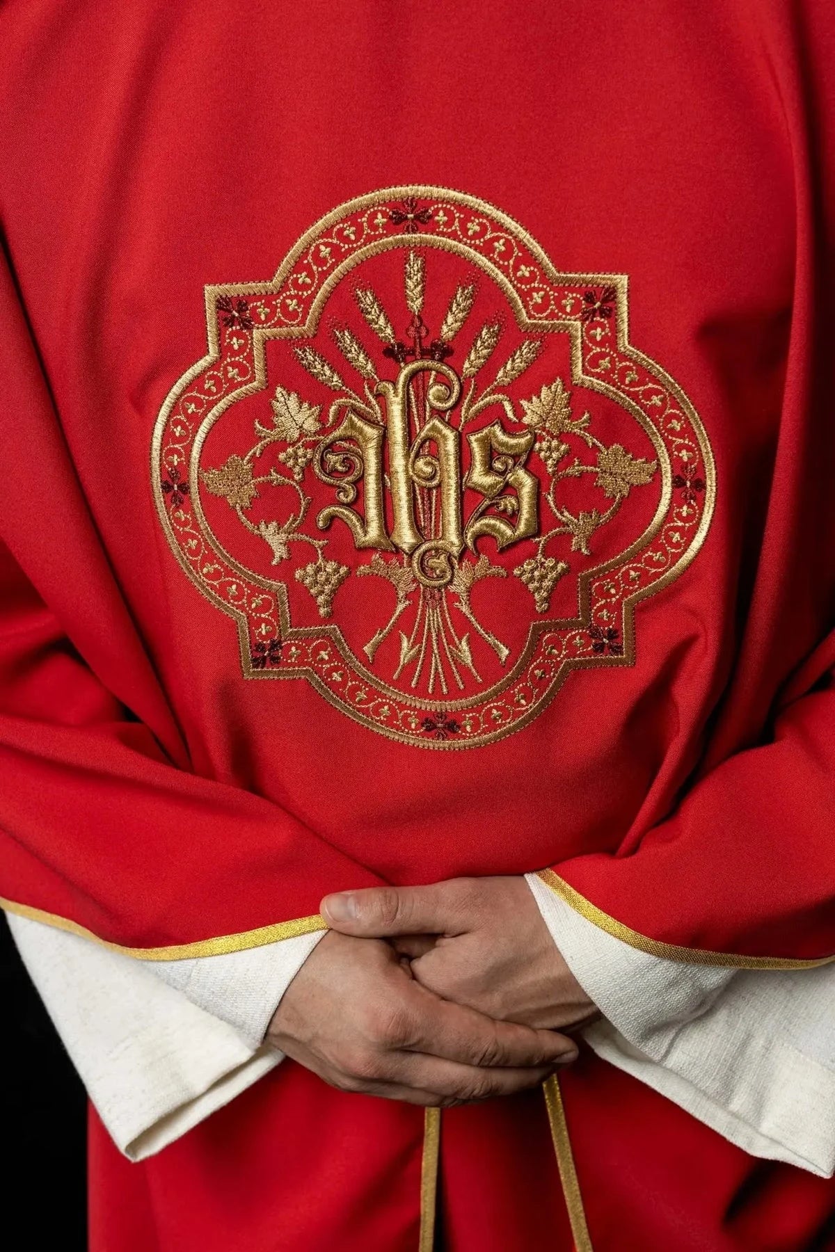 Red Chasuble with IHS and PAX Embroidery — embroidery close-up