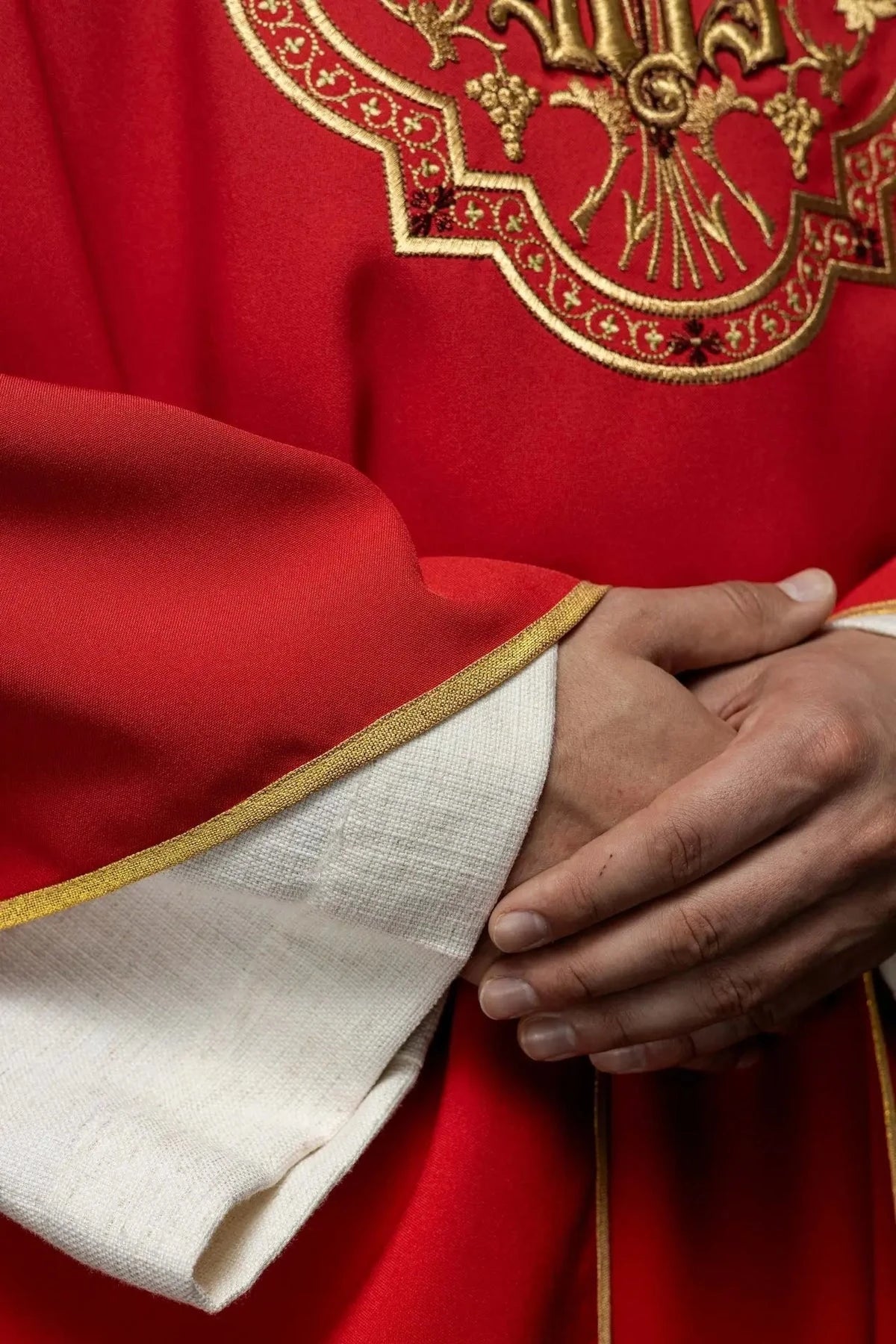 Red Chasuble with IHS and PAX Embroidery — symbol detail