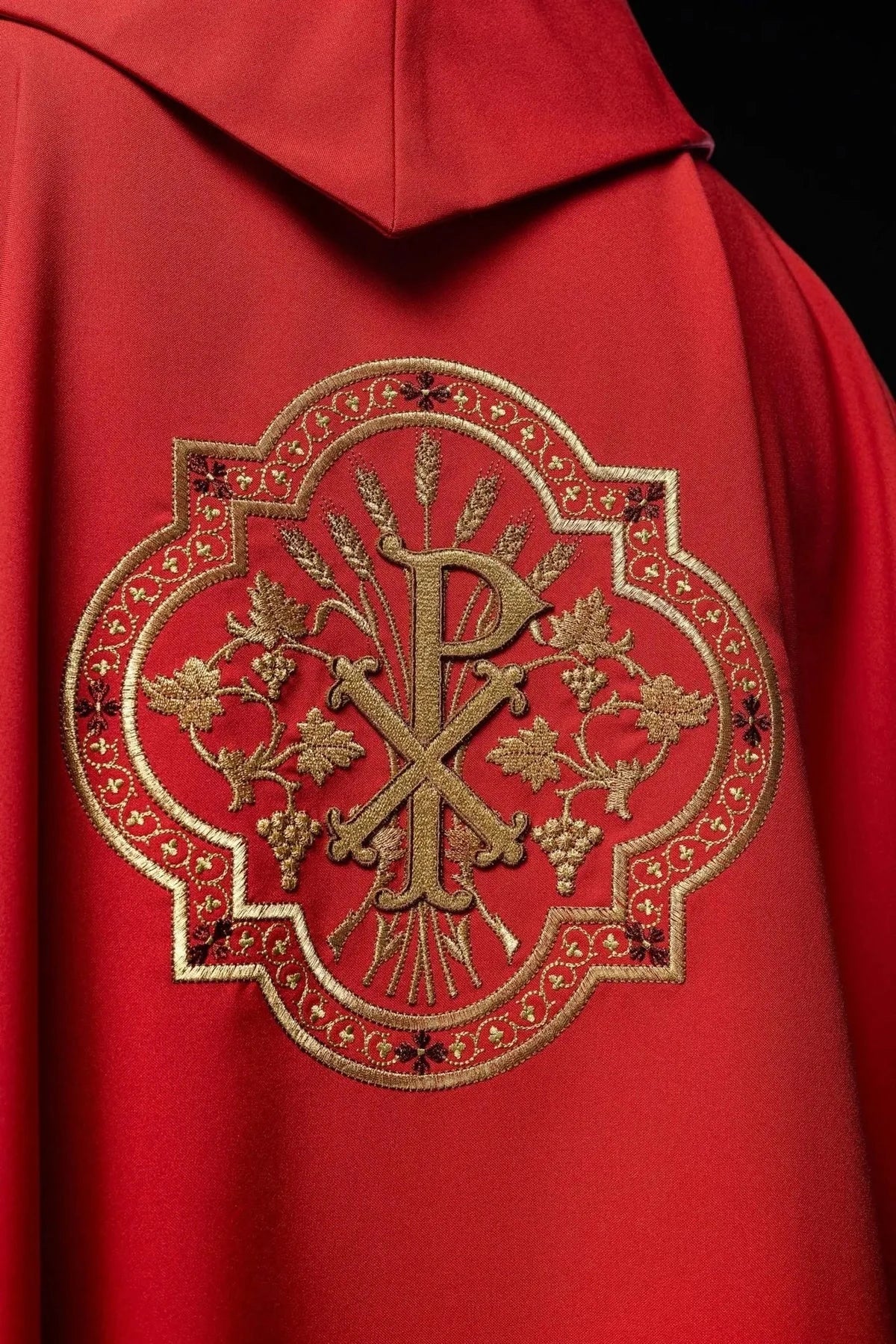 Red Chasuble with IHS and PAX Embroidery — collar finish