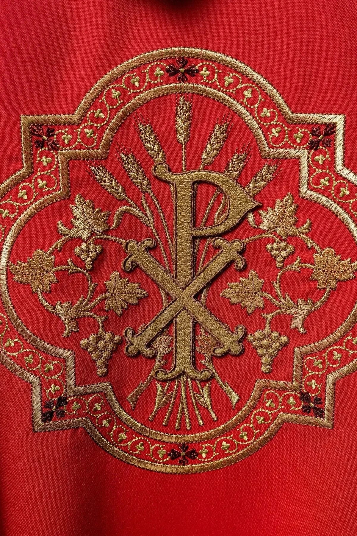 Red Chasuble with IHS and PAX Embroidery — front view