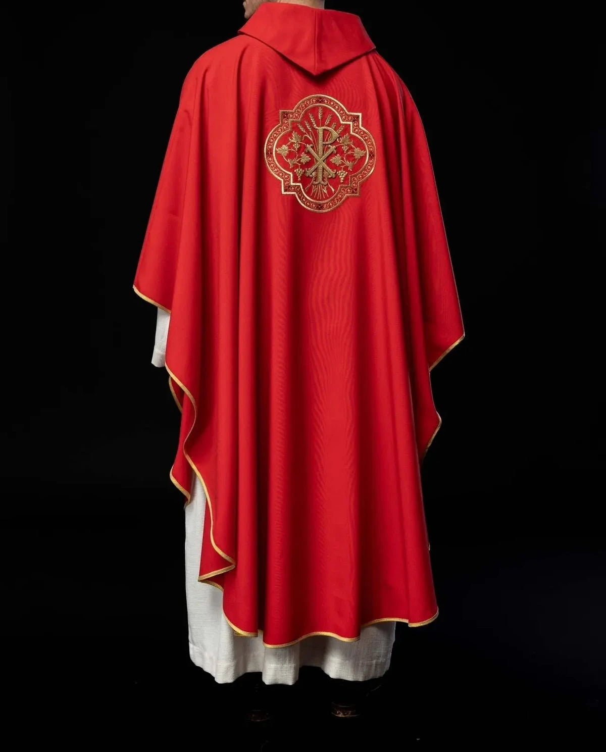 Red Chasuble with IHS and PAX Embroidery — back view