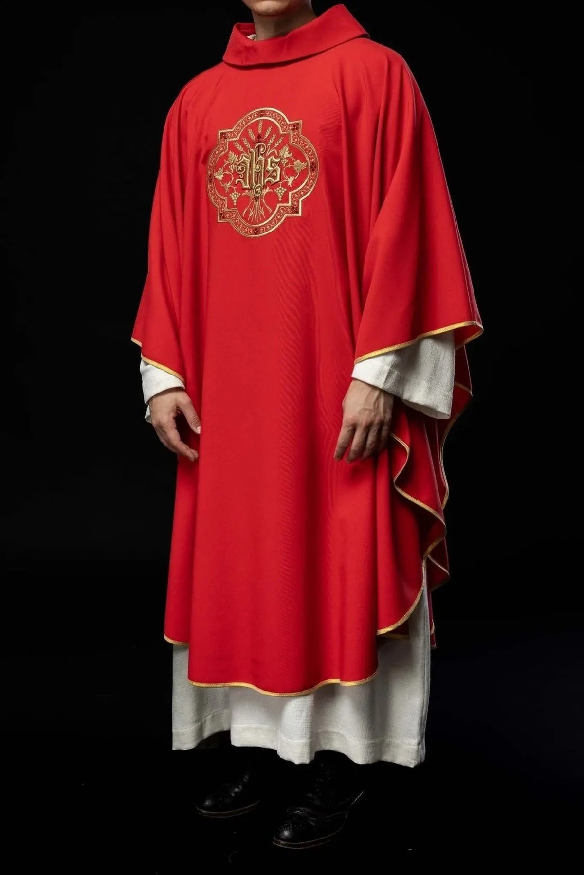 Red Chasuble with IHS and PAX Embroidery — fabric detail