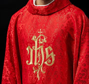 Red Chasuble with IHS Embroidery on Decorative Fabric — product view