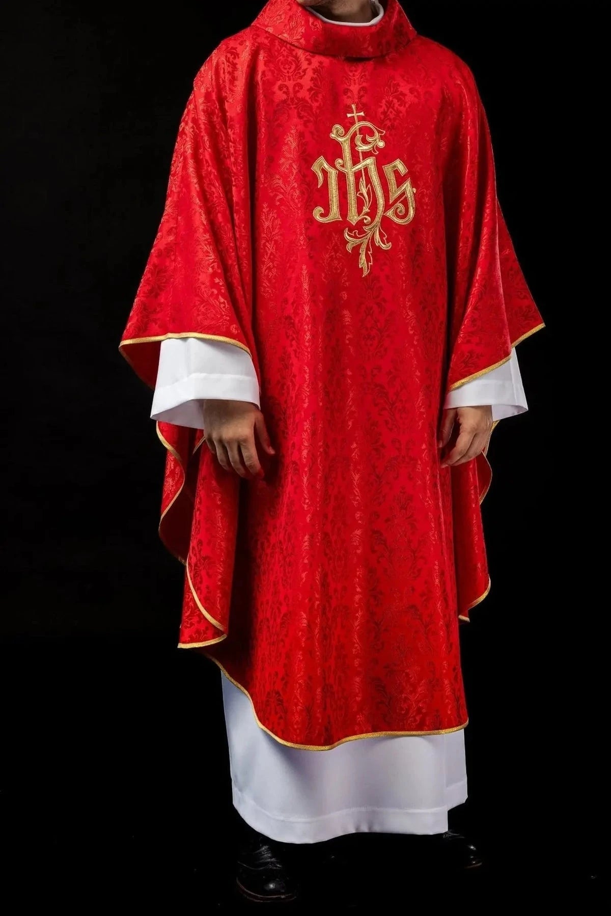Red Chasuble with IHS Embroidery on Decorative Fabric — full view