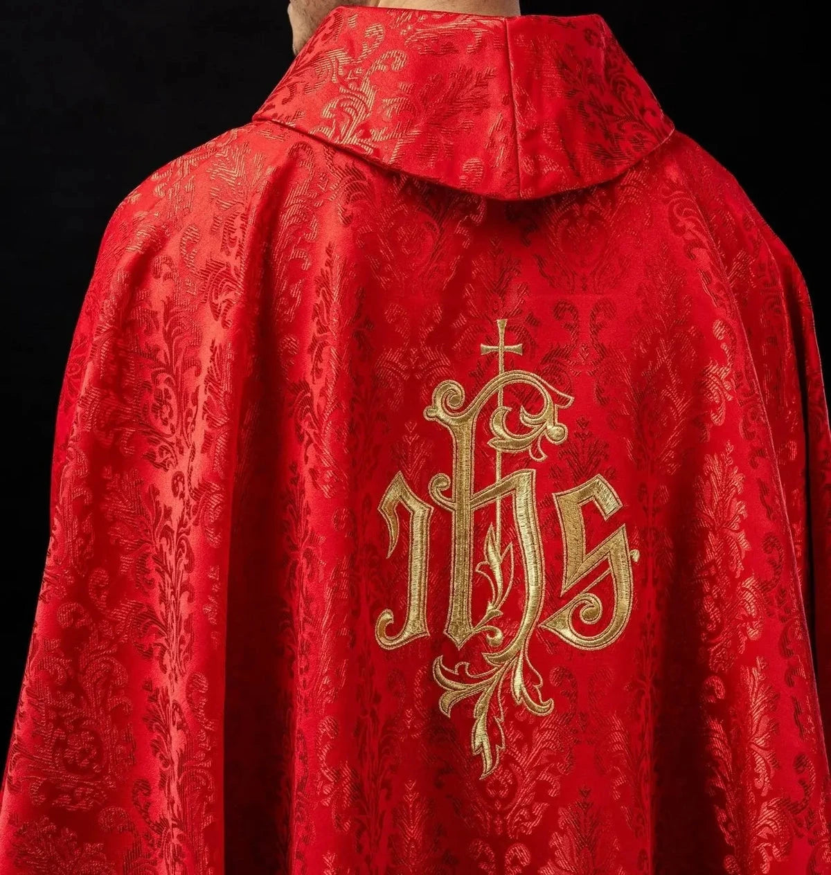 Red Chasuble with IHS Embroidery on Decorative Fabric — collar finish