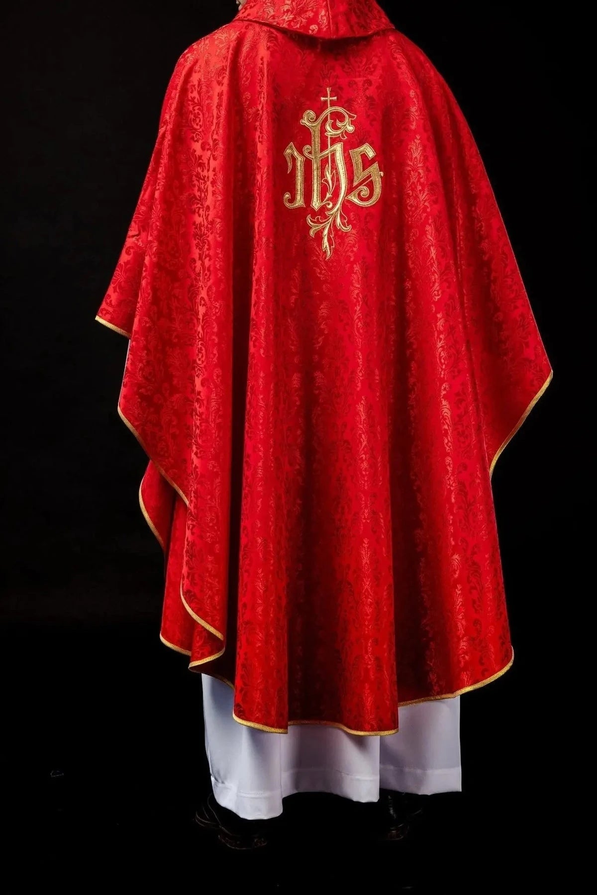 Red Chasuble with IHS Embroidery on Decorative Fabric — front view