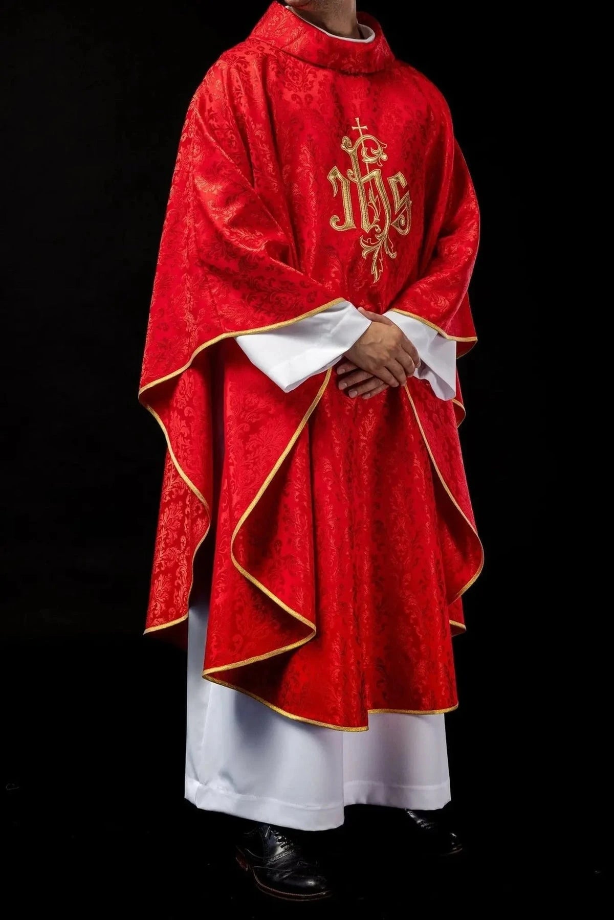 Red Chasuble with IHS Embroidery on Decorative Fabric — back view