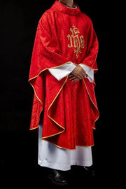 Red Chasuble with IHS Embroidery on Decorative Fabric — back view