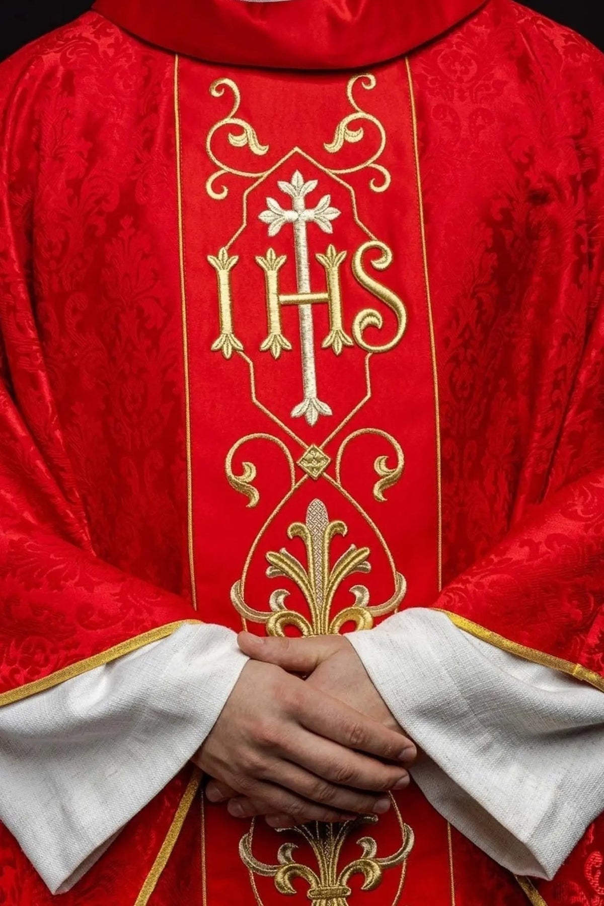 Red Chasuble with IHS Embroidery on Ornamental Fabric — product view