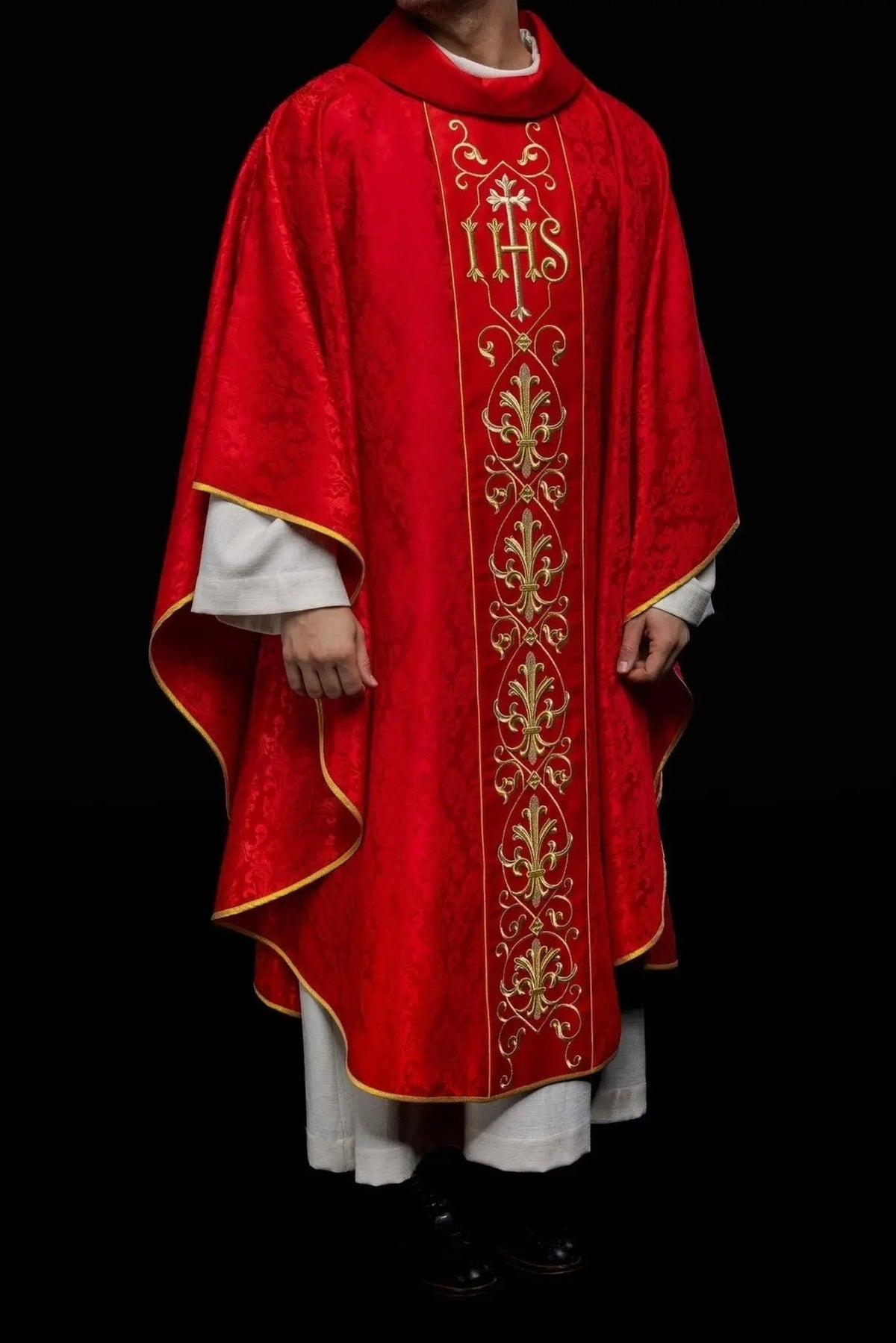 Red Chasuble with IHS Embroidery on Ornamental Fabric — full view