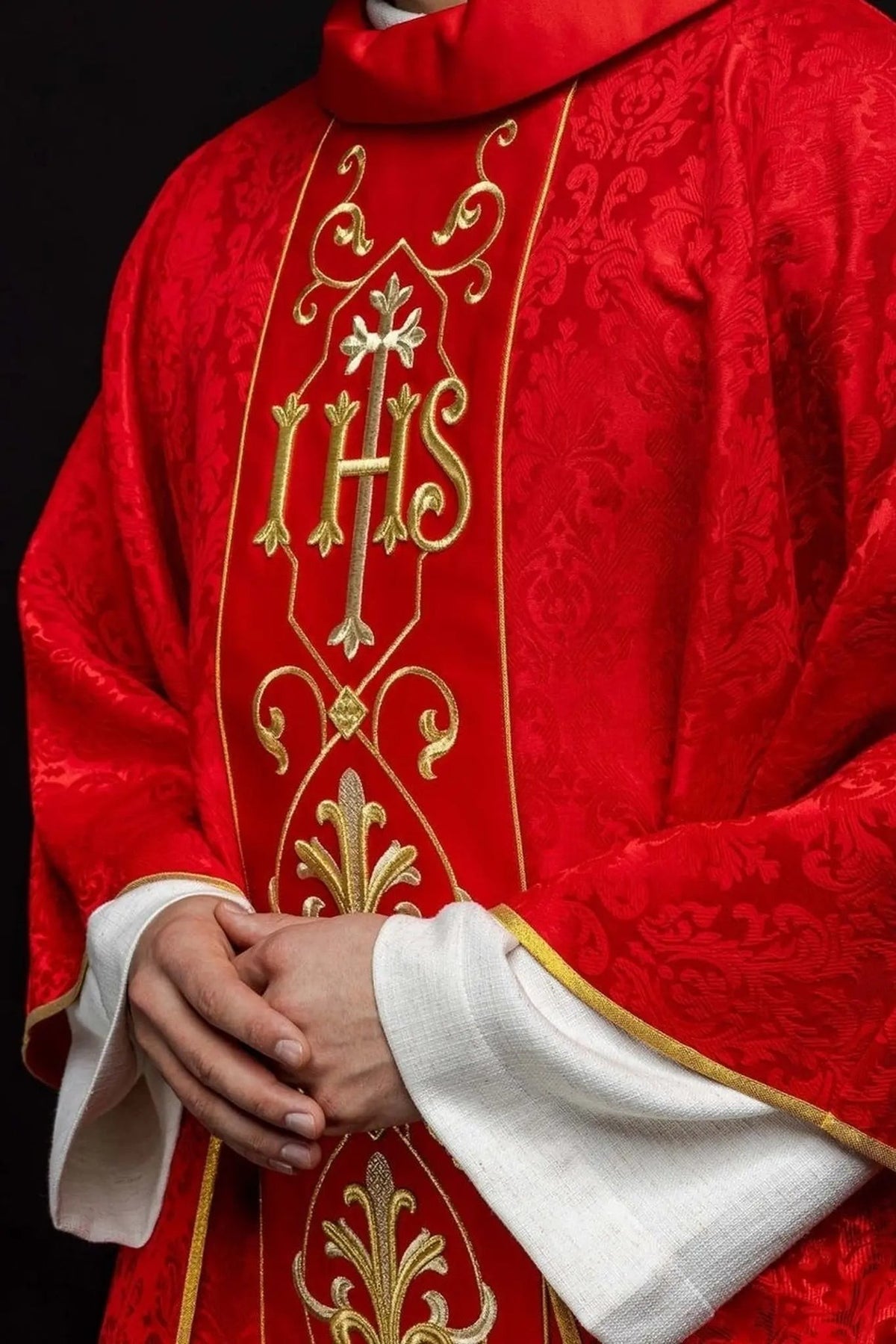 Red Chasuble with IHS Embroidery on Ornamental Fabric — symbol detail
