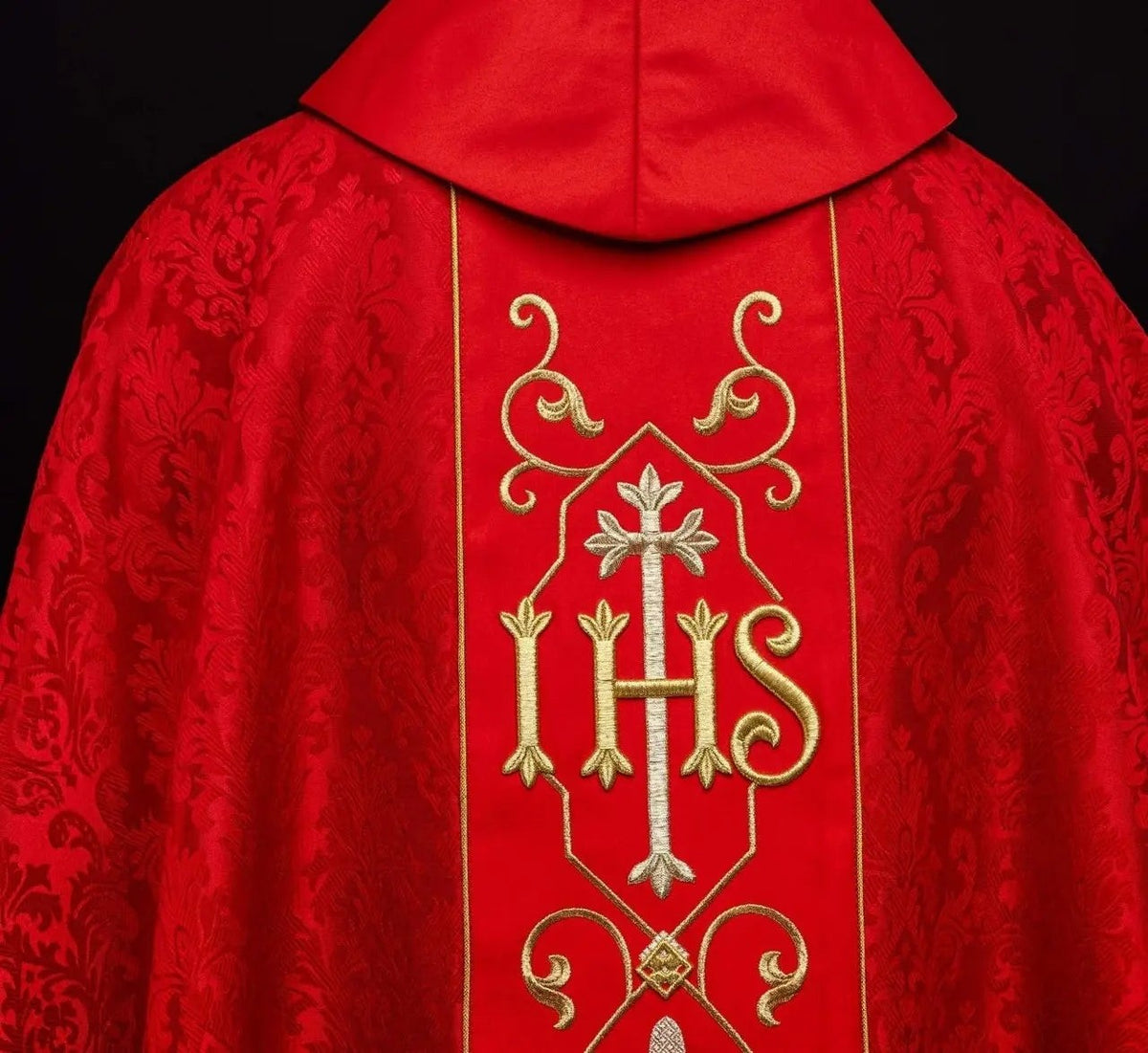 Red Chasuble with IHS Embroidery on Ornamental Fabric — collar finish