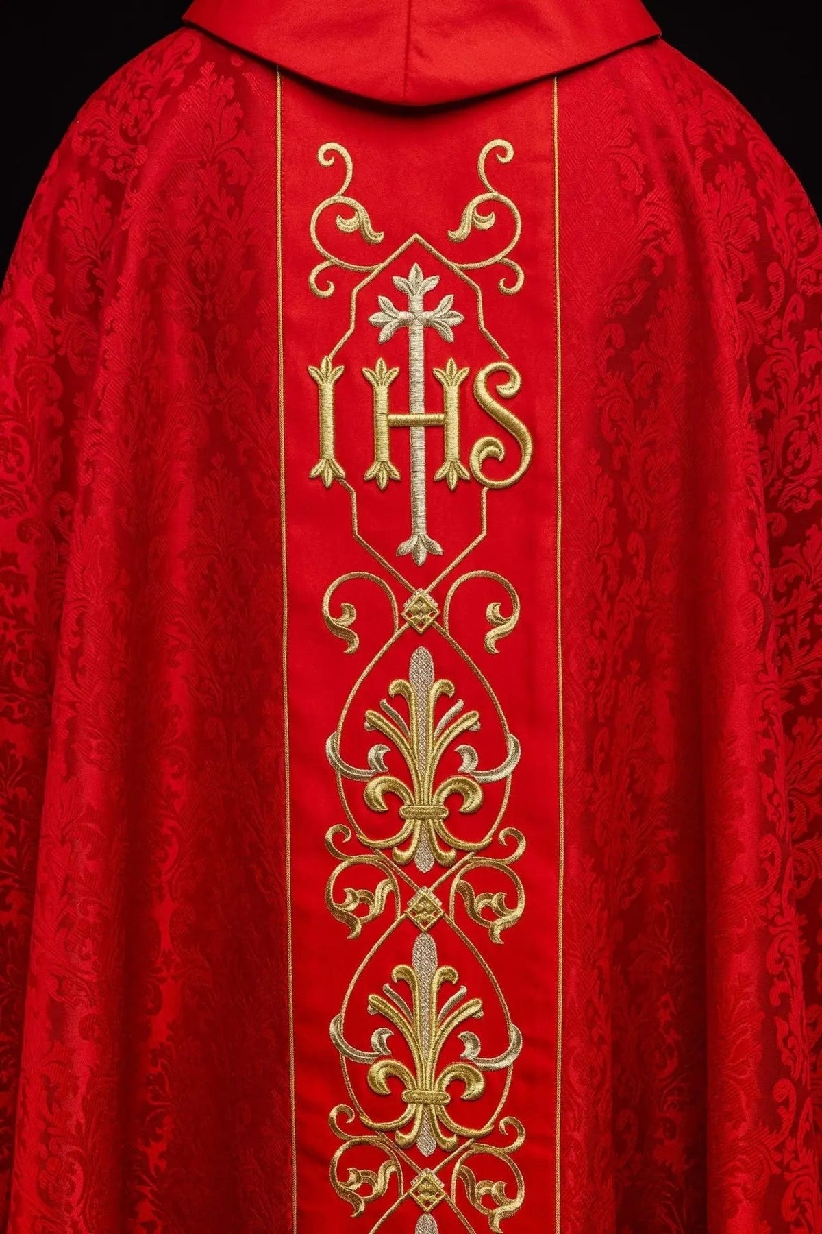 Red Chasuble with IHS Embroidery on Ornamental Fabric — front view