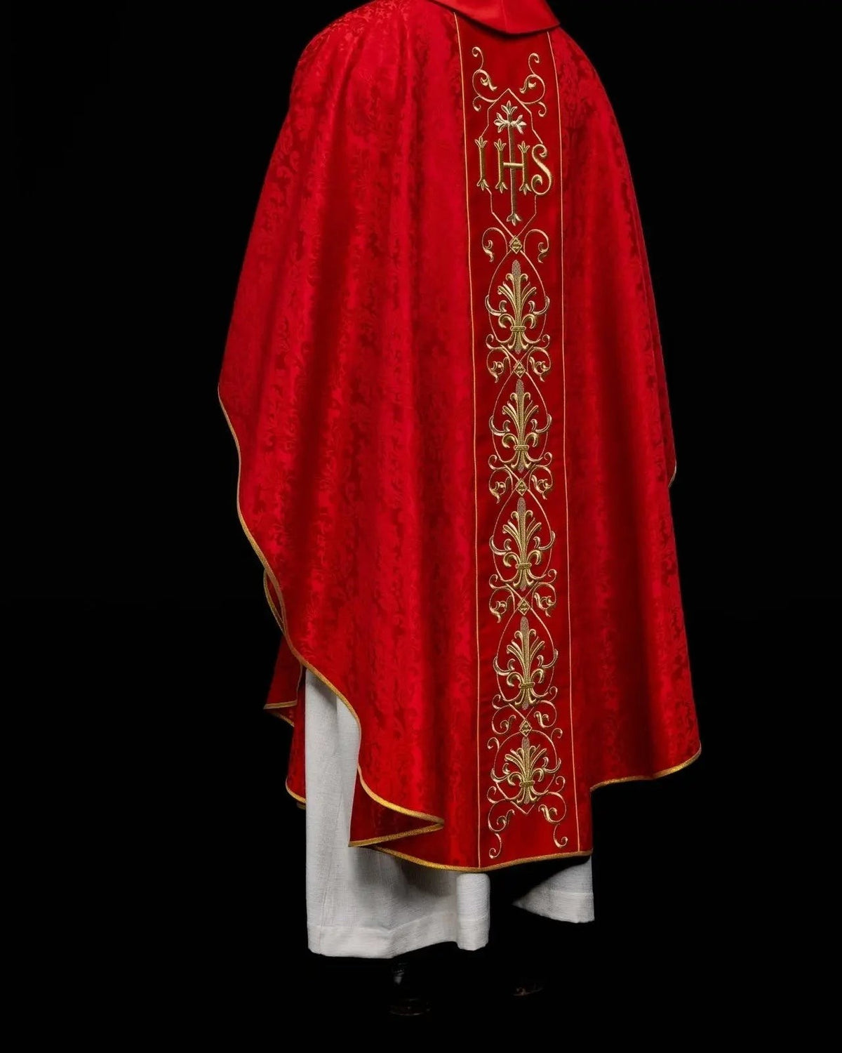 Red Chasuble with IHS Embroidery on Ornamental Fabric — back view