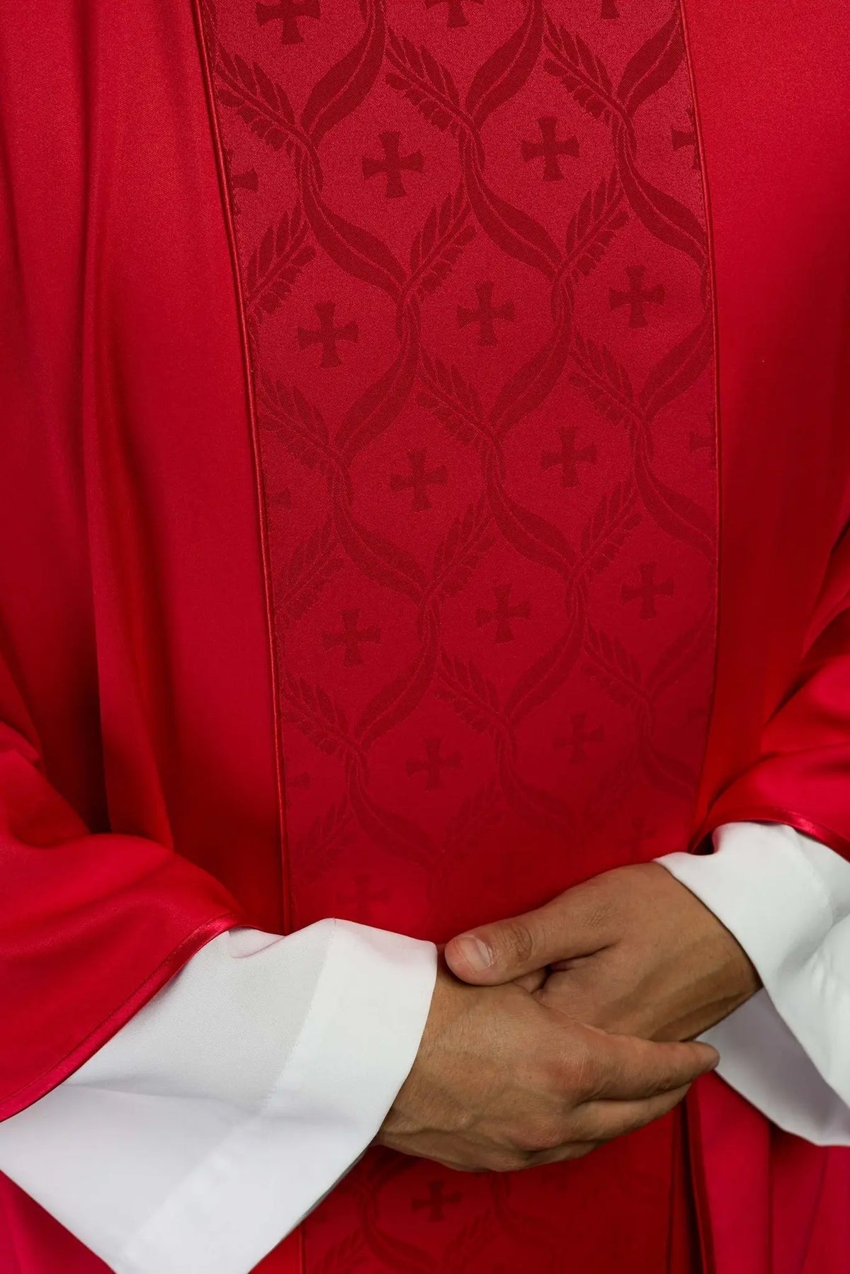 Red Chasuble with Jacquard Cross Band — embroidery close-up