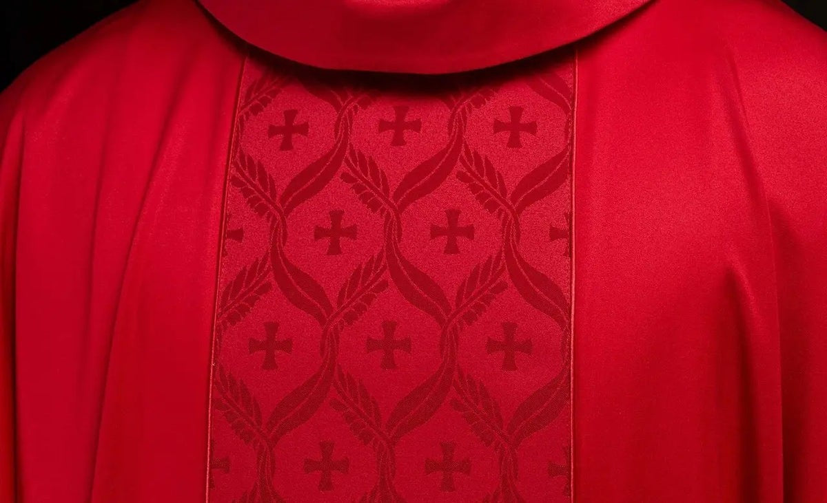 Red Chasuble with Jacquard Cross Band — collar finish