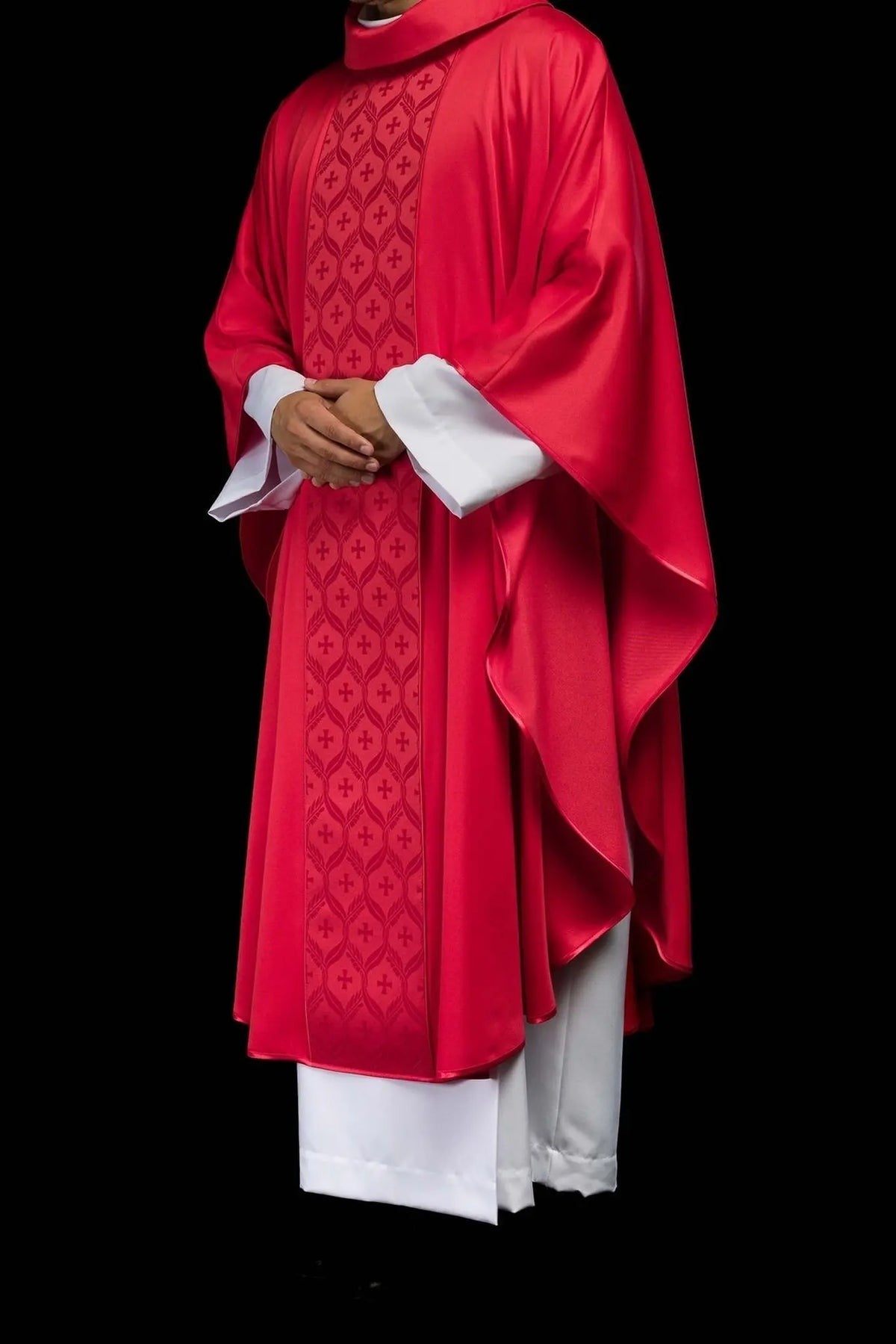Red Chasuble with Jacquard Cross Band — fabric detail