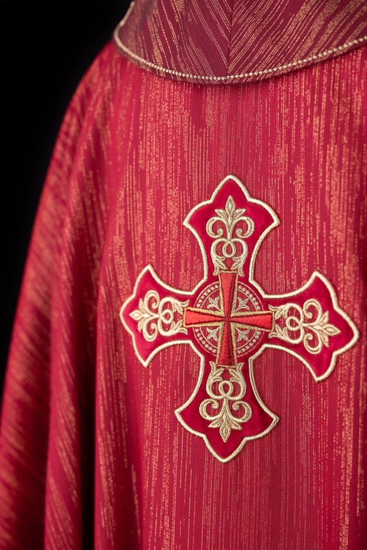 Red Chasuble with Ornate Cross and Decorated Collar — product view