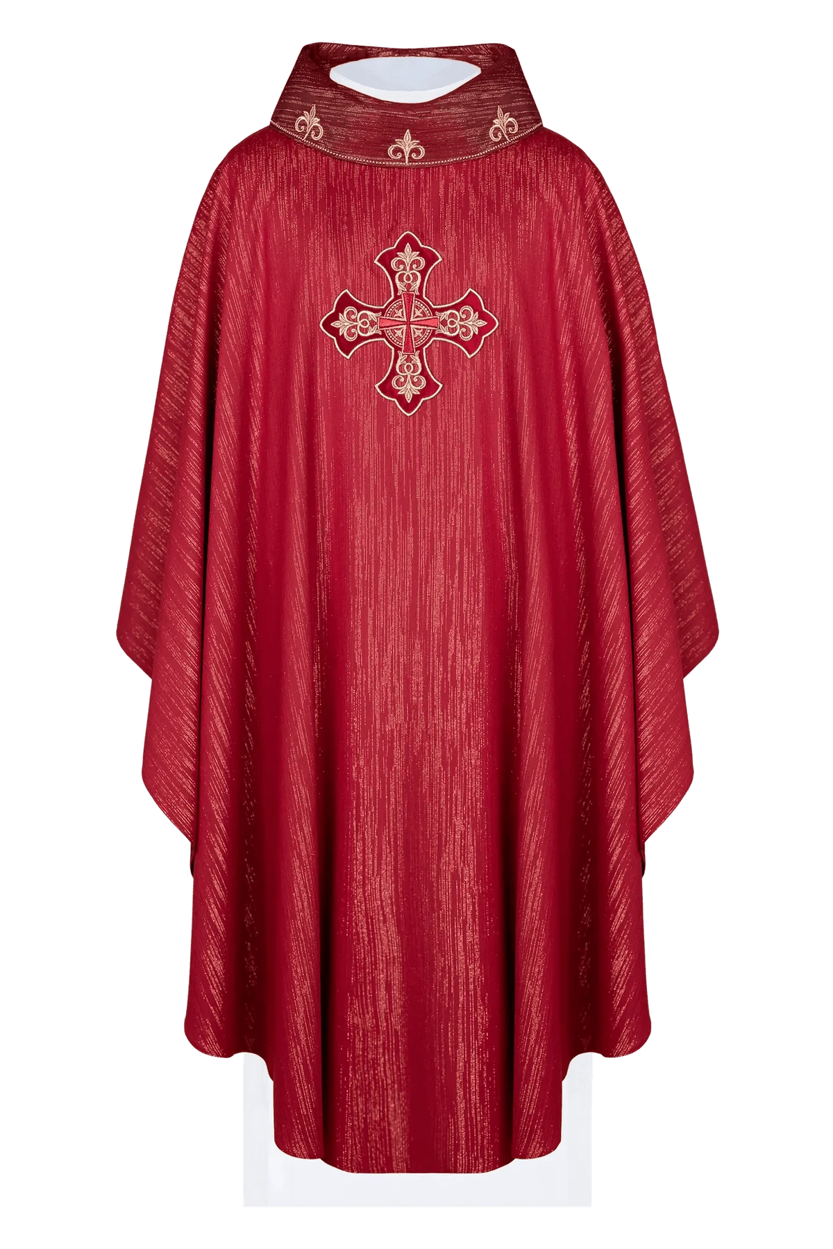 Red Chasuble with Ornate Cross and Decorated Collar — front view