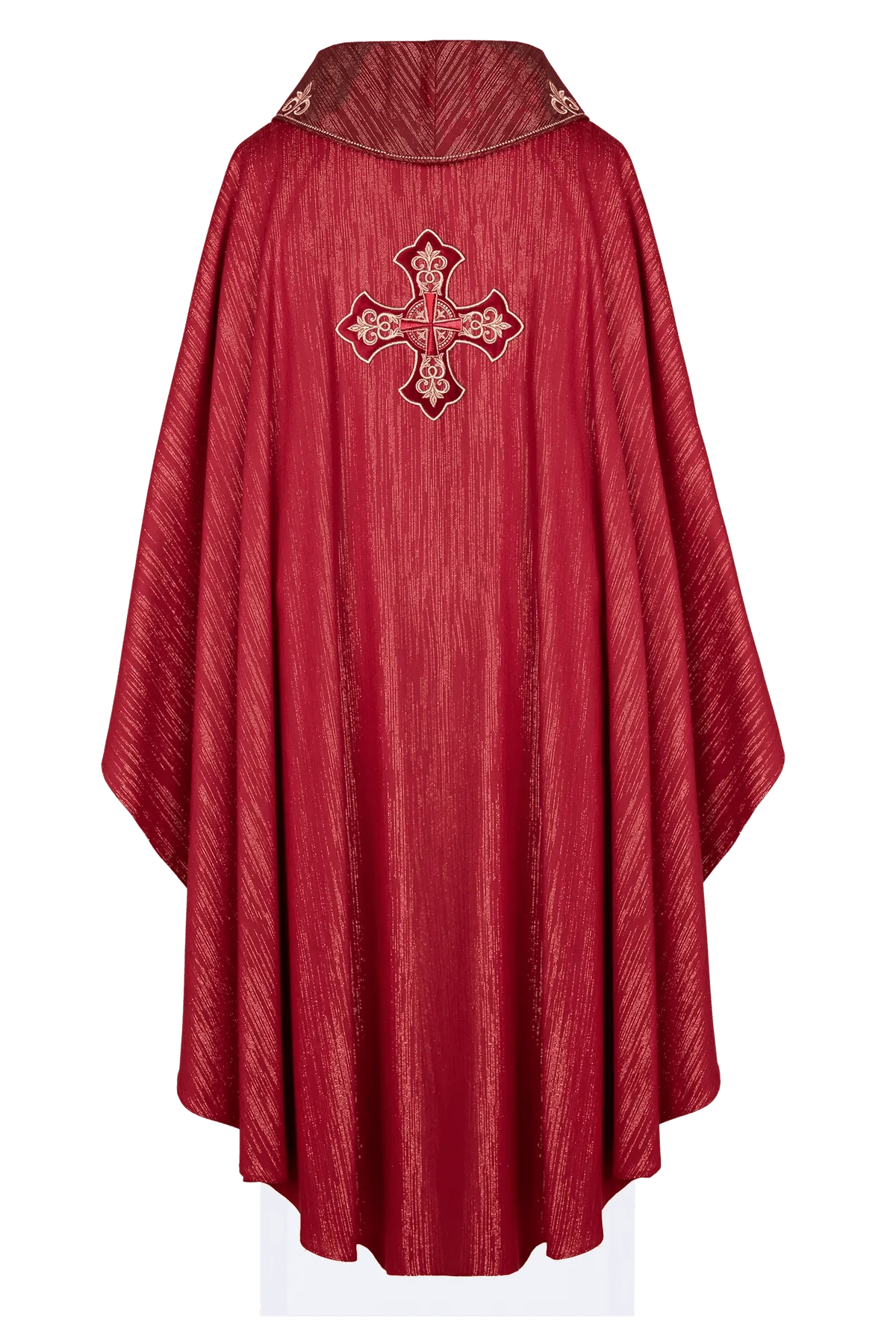Red Chasuble with Ornate Cross and Decorated Collar — back view