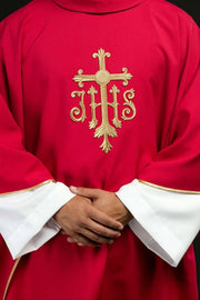 Red Chasuble with Raised JHS Embroidery — product view