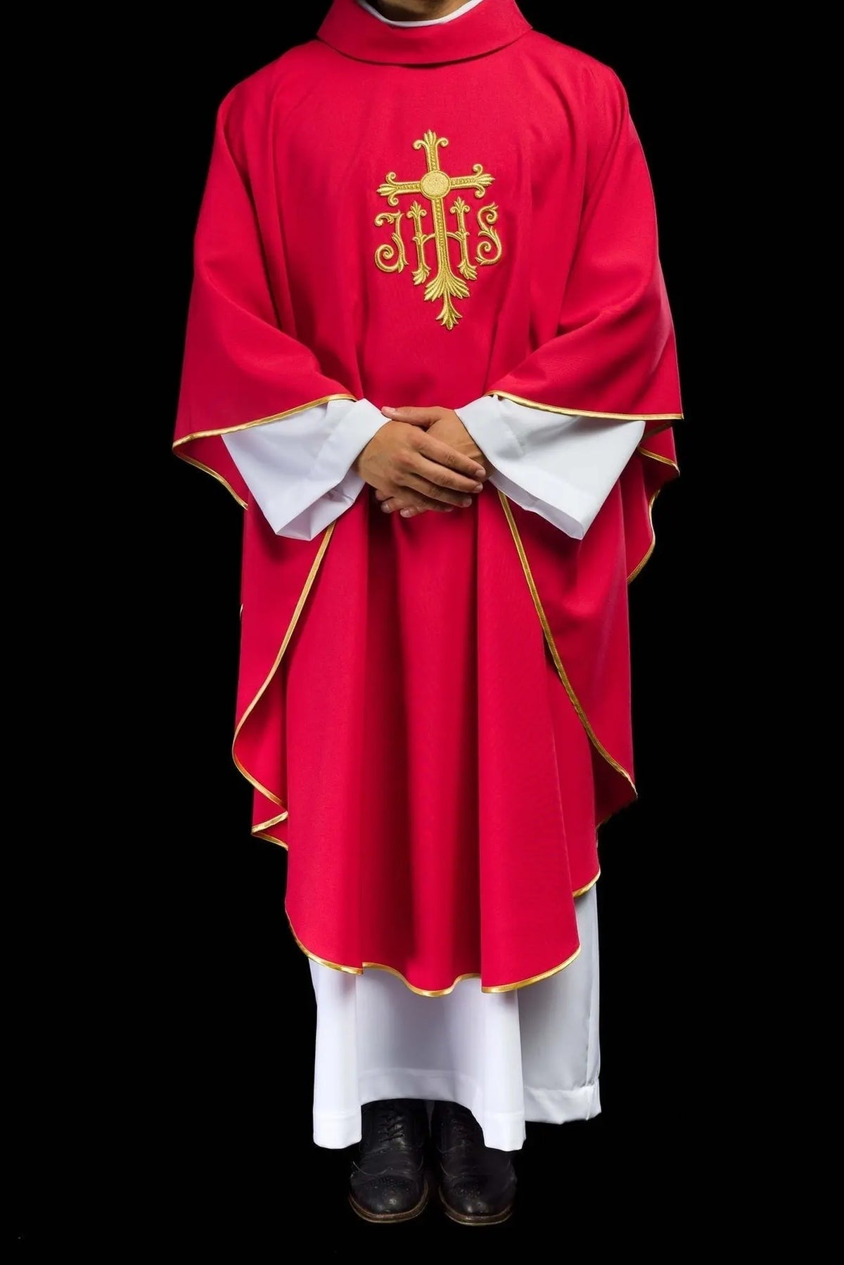 Red Chasuble with Raised JHS Embroidery — full view