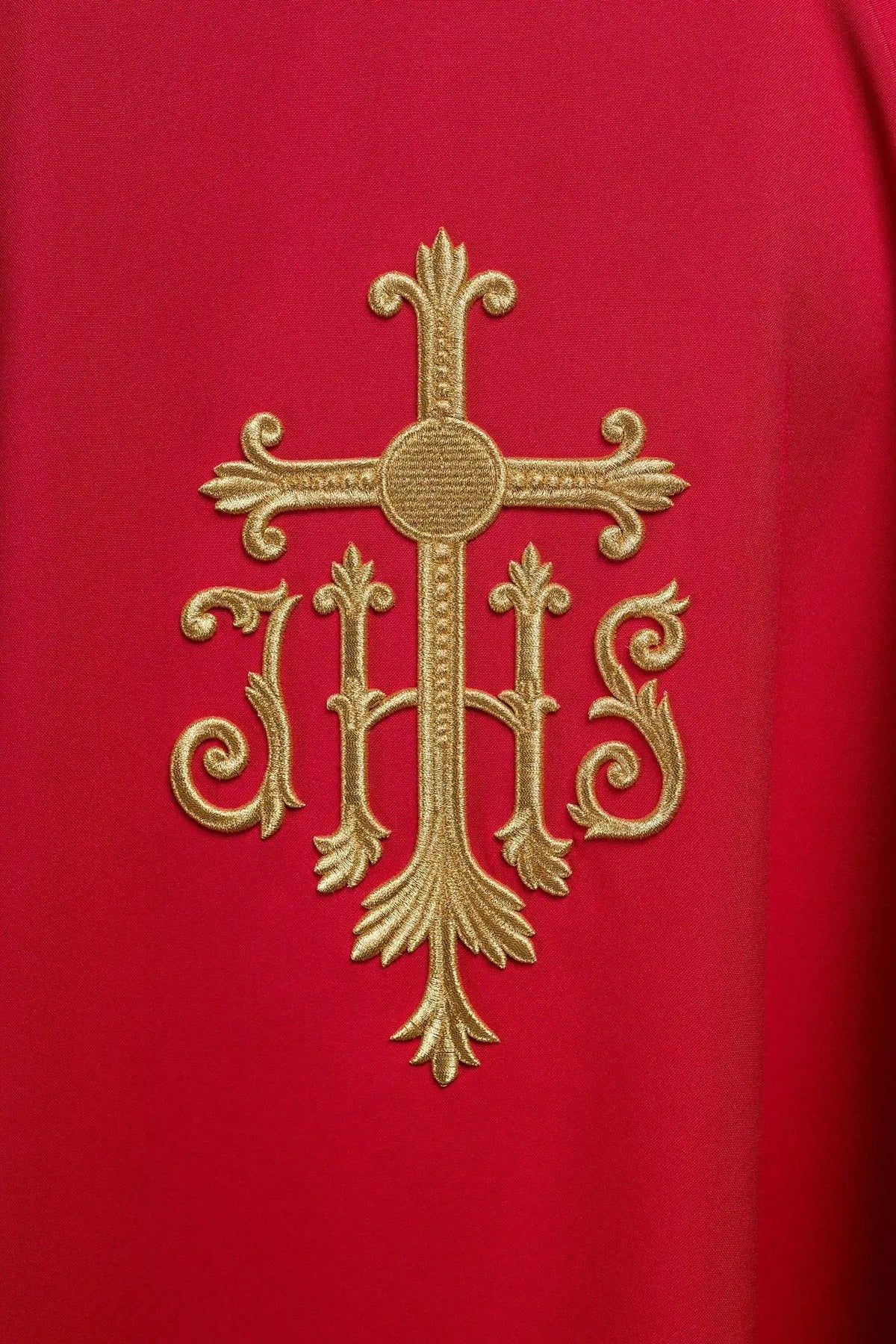 Red Chasuble with Raised JHS Embroidery — embroidery close-up