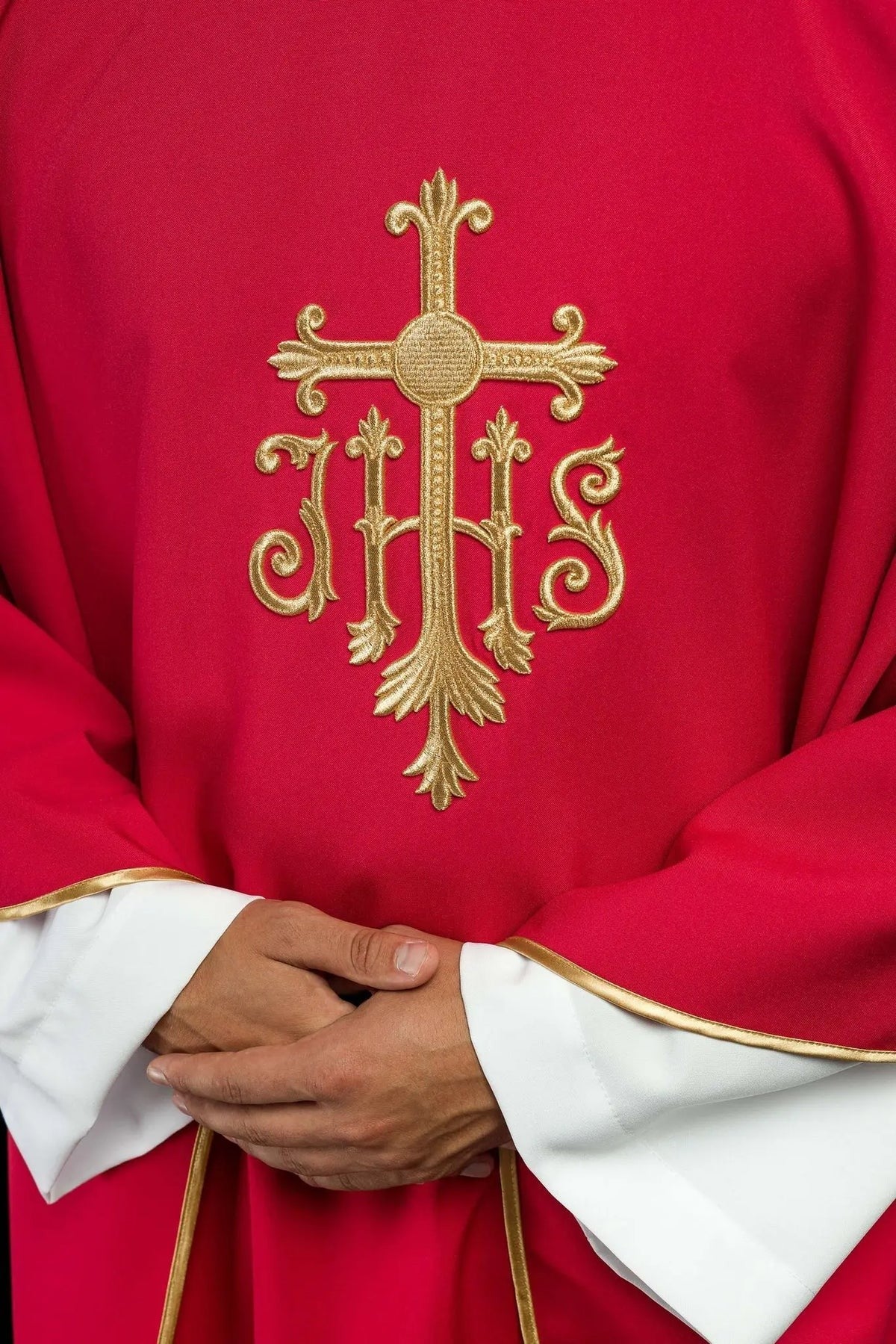 Red Chasuble with Raised JHS Embroidery — decoration detail