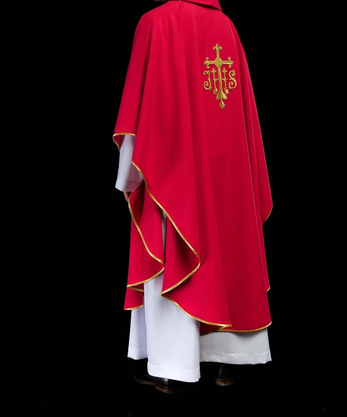 Red Chasuble with Raised JHS Embroidery — back view