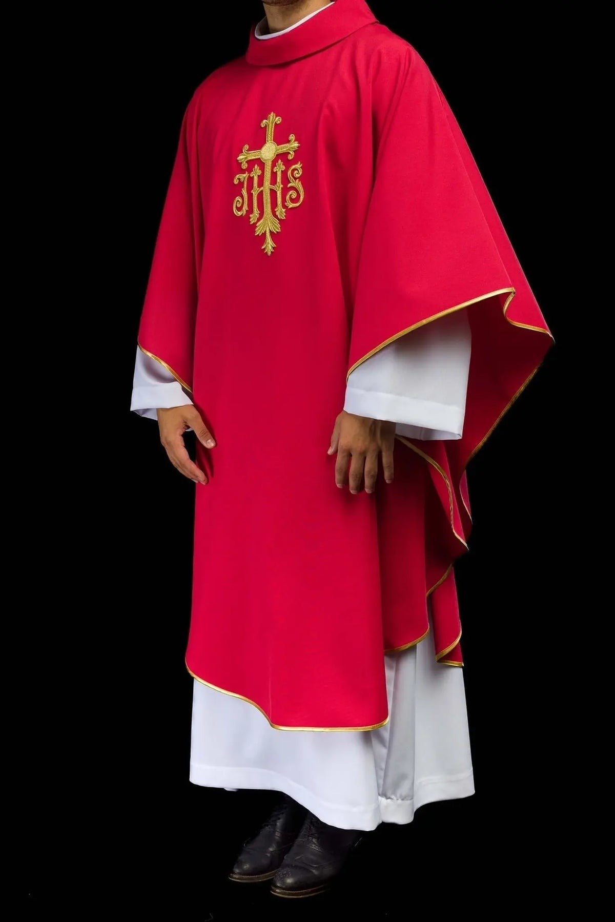 Red Chasuble with Raised JHS Embroidery — fabric detail