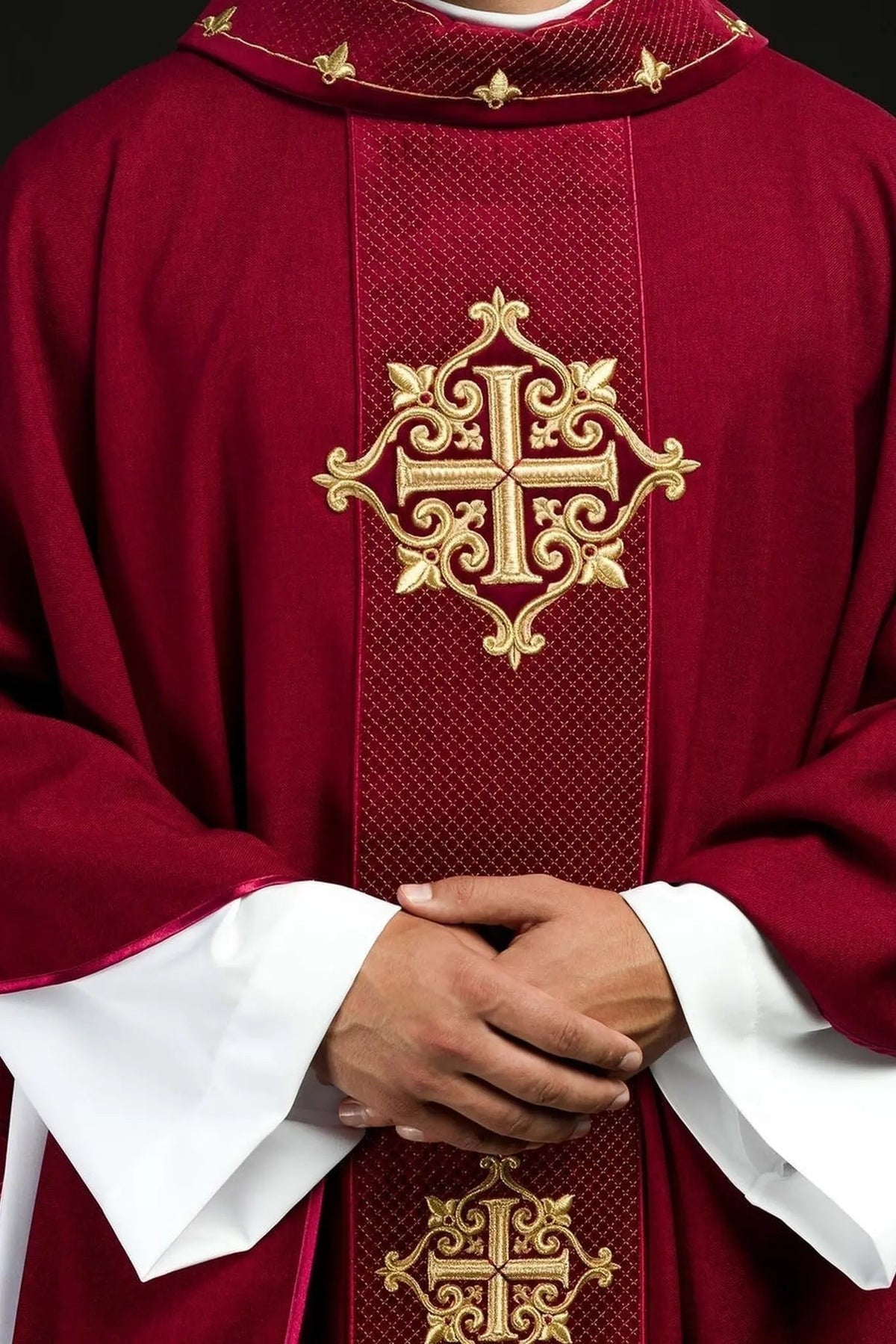 Red Chasuble with Red Velvet Band and Cross Embroidery — product view