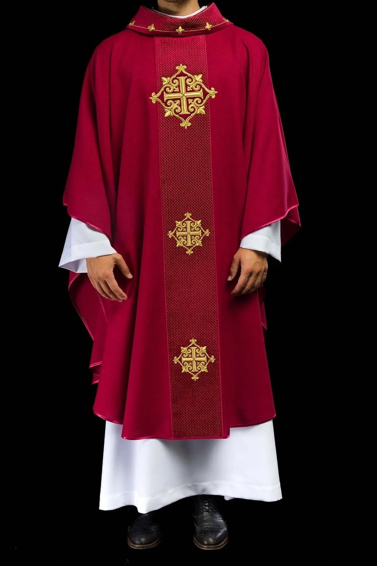Red Chasuble with Red Velvet Band and Cross Embroidery — full view