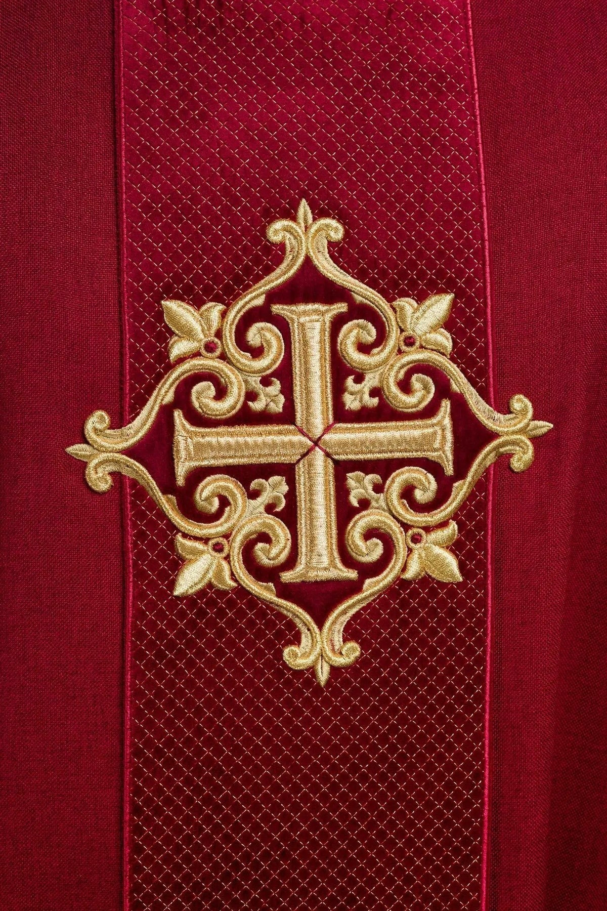 Red Chasuble with Red Velvet Band and Cross Embroidery — embroidery close-up