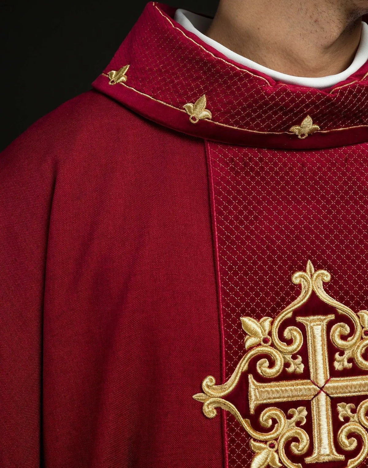 Red Chasuble with Red Velvet Band and Cross Embroidery — symbol detail