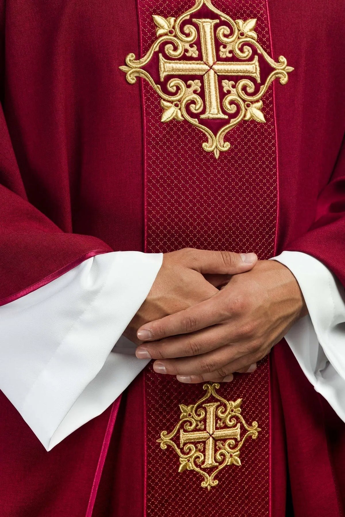 Red Chasuble with Red Velvet Band and Cross Embroidery — collar finish
