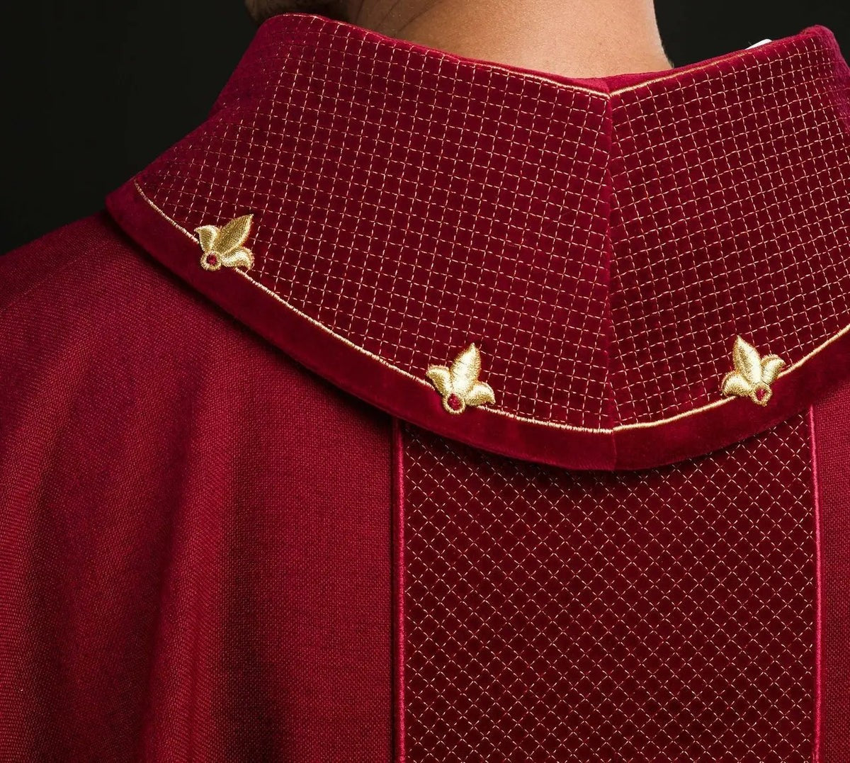Red Chasuble with Red Velvet Band and Cross Embroidery — front view