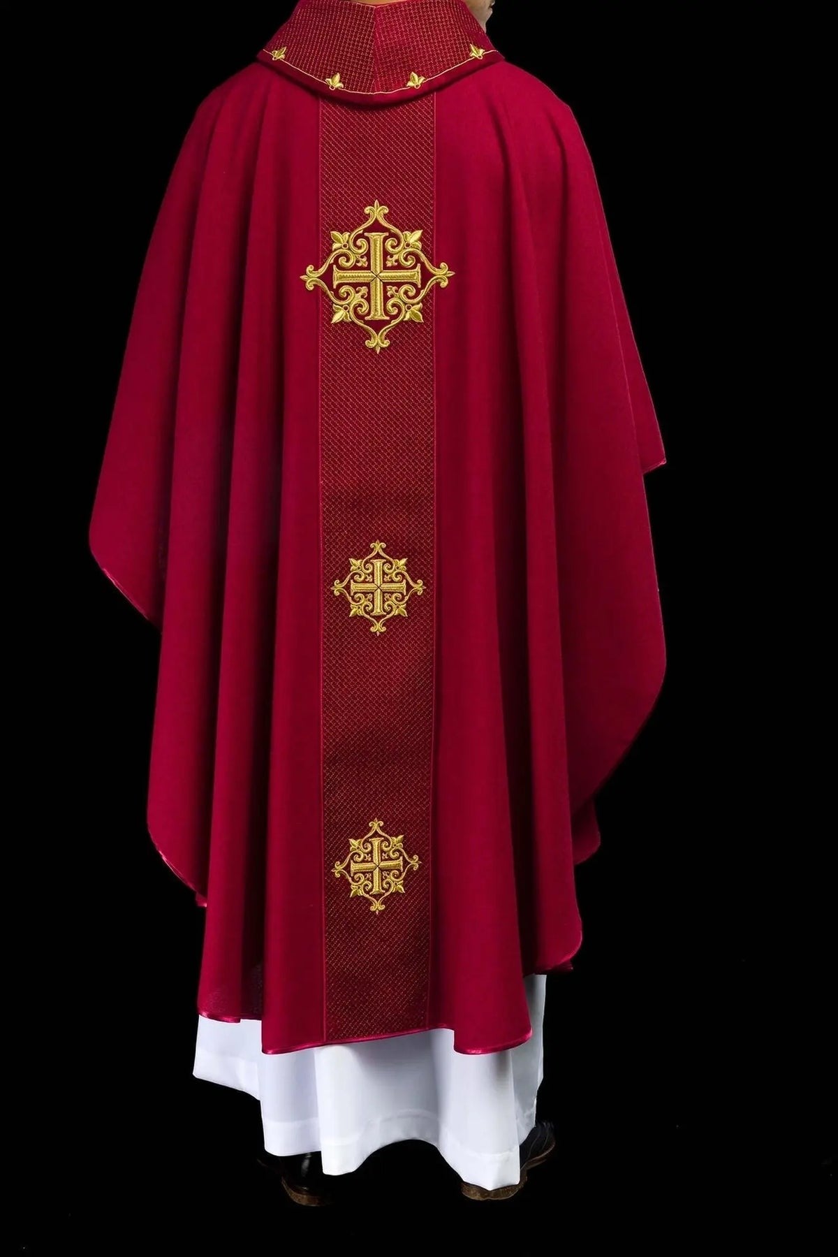Red Chasuble with Red Velvet Band and Cross Embroidery — back view