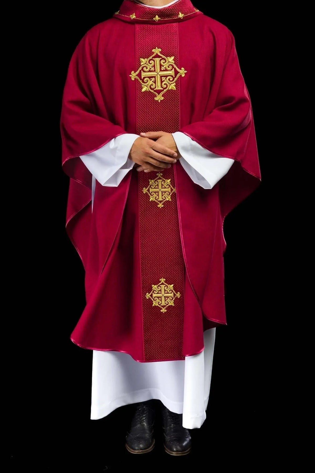 Red Chasuble with Red Velvet Band and Cross Embroidery — fabric detail